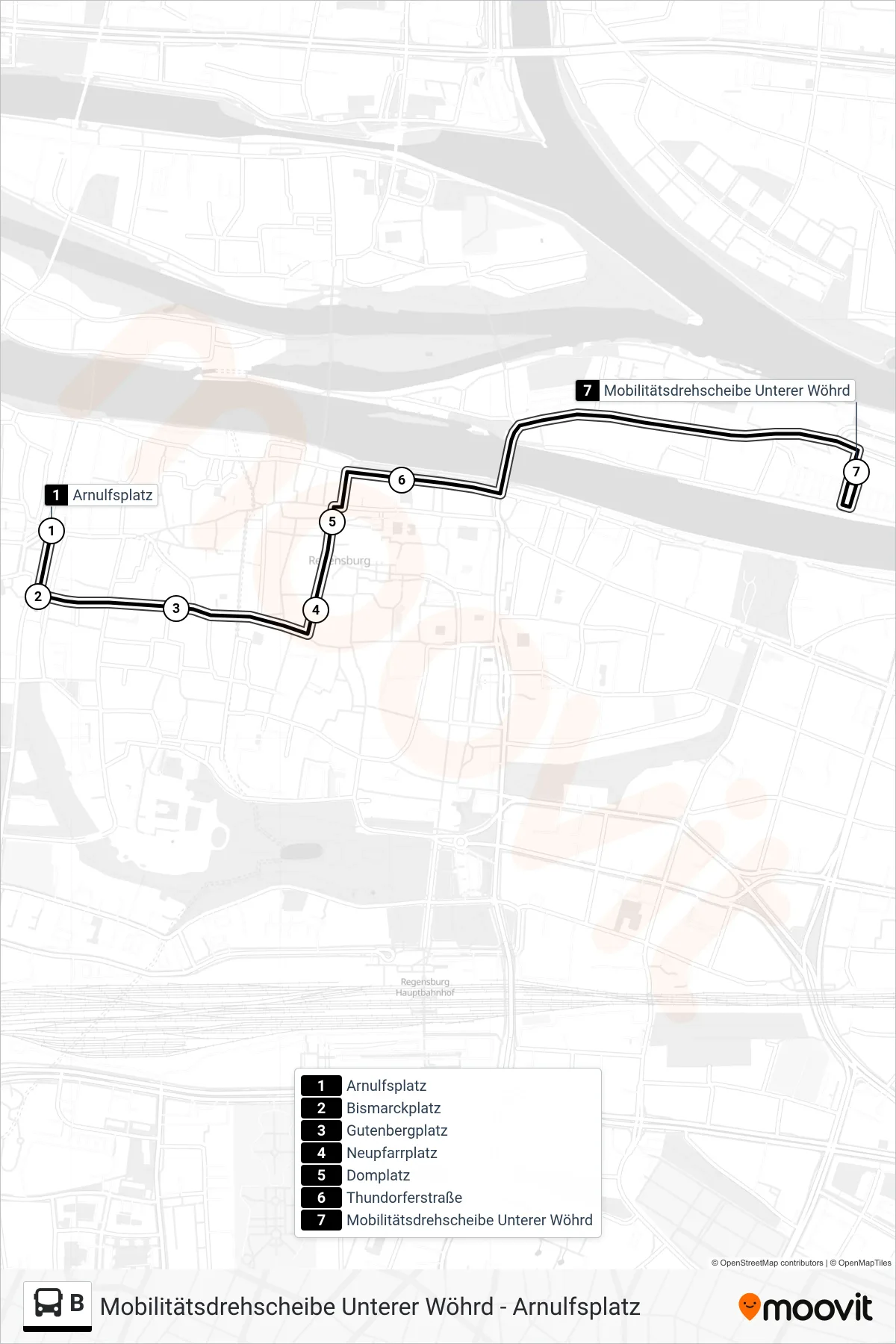 Linie B (Bus) Richtung Mobilitätsdrehscheibe Unterer Wöhrd: Route und Haltestellen auf der Karte