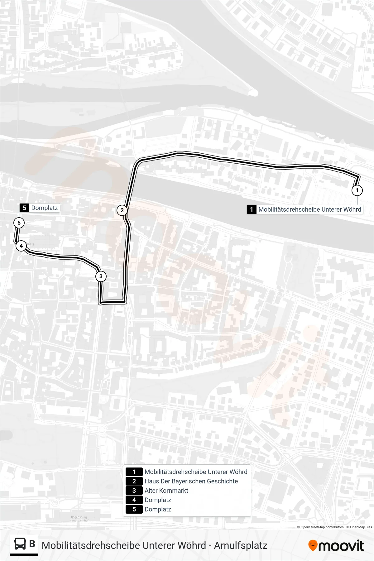 B bus Line (Domplatz) route and stops on a map