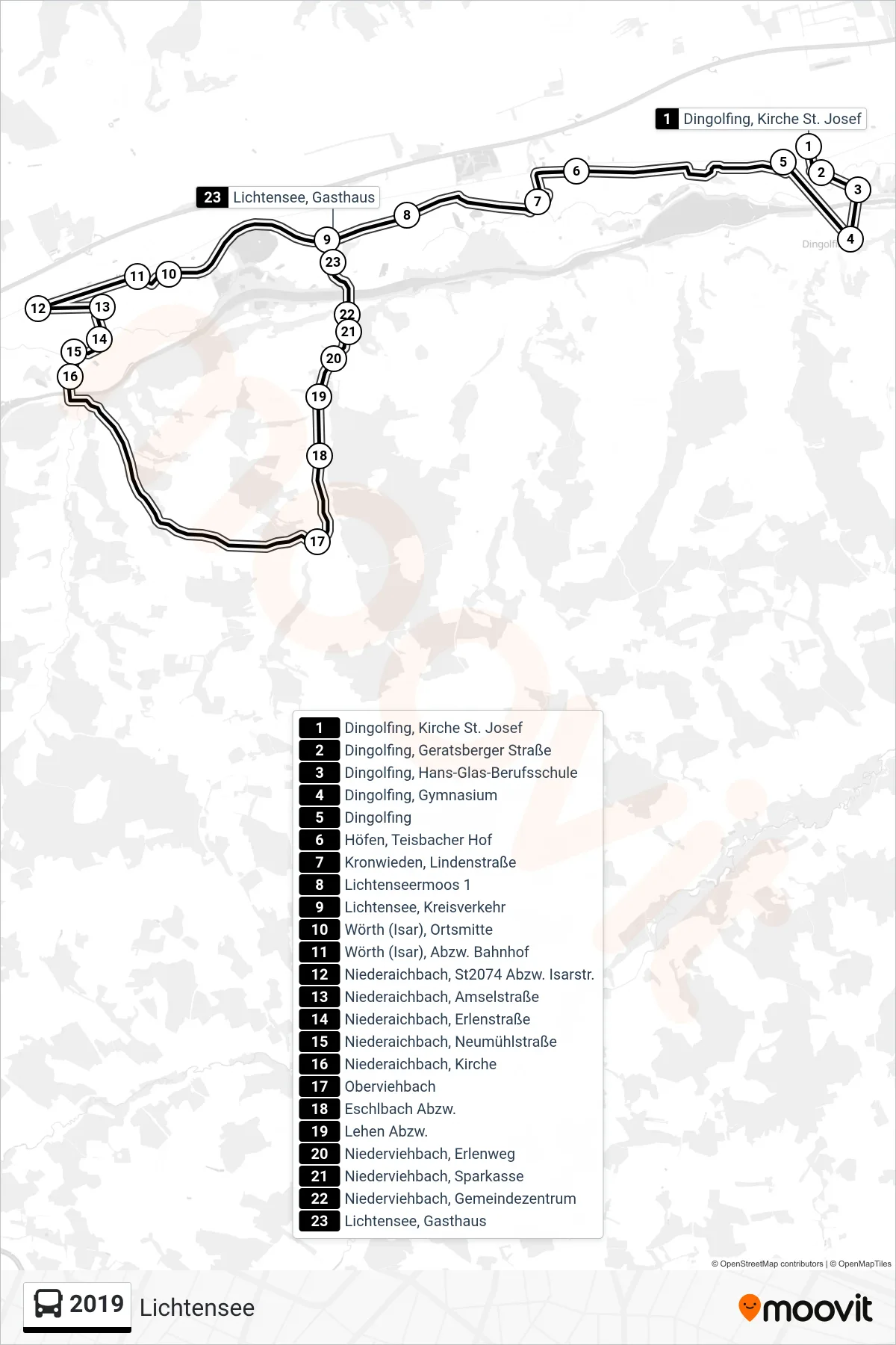 2019 bus Line (Lichtensee) route and stops on a map