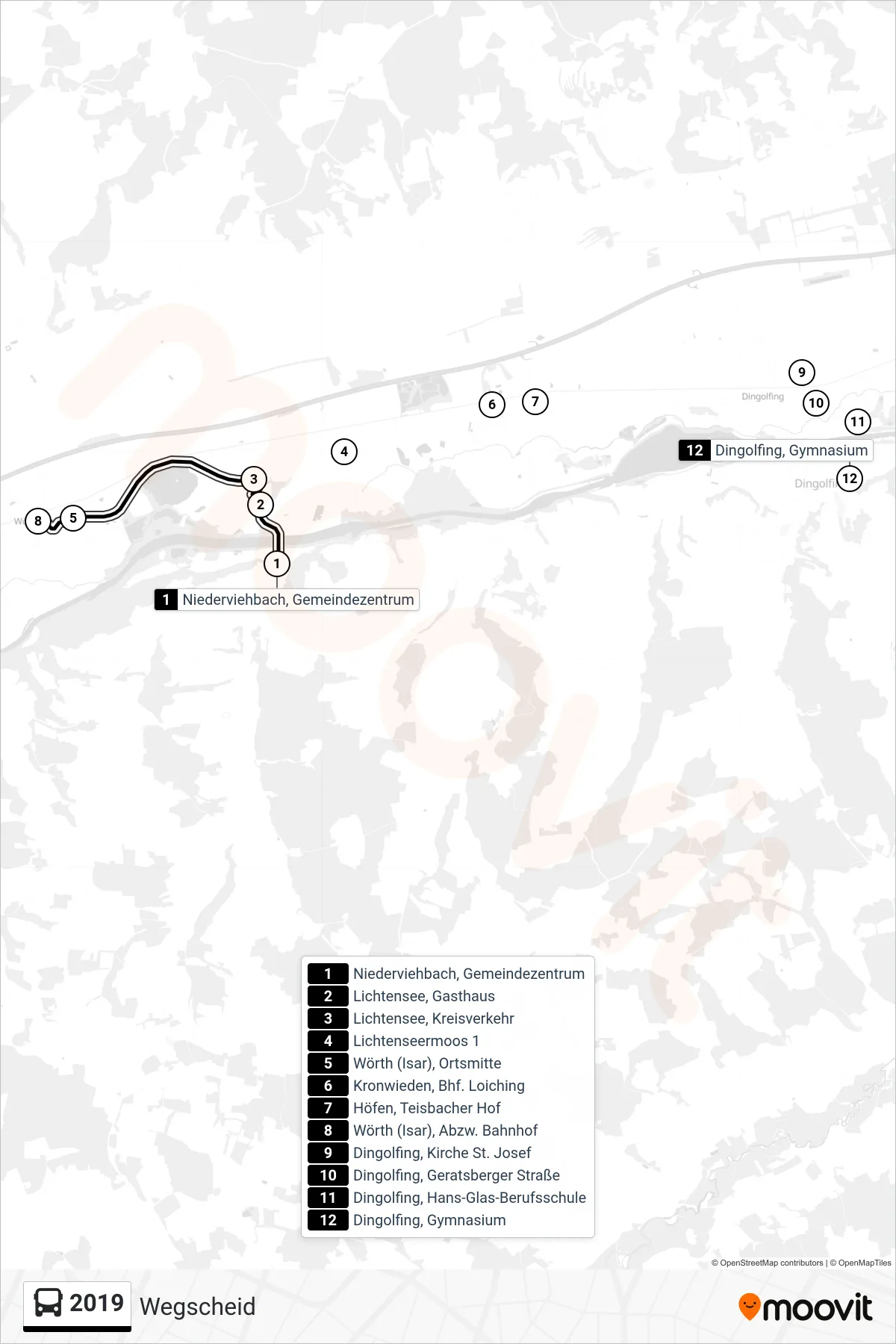 2019 bus Line (Wegscheid) route and stops on a map