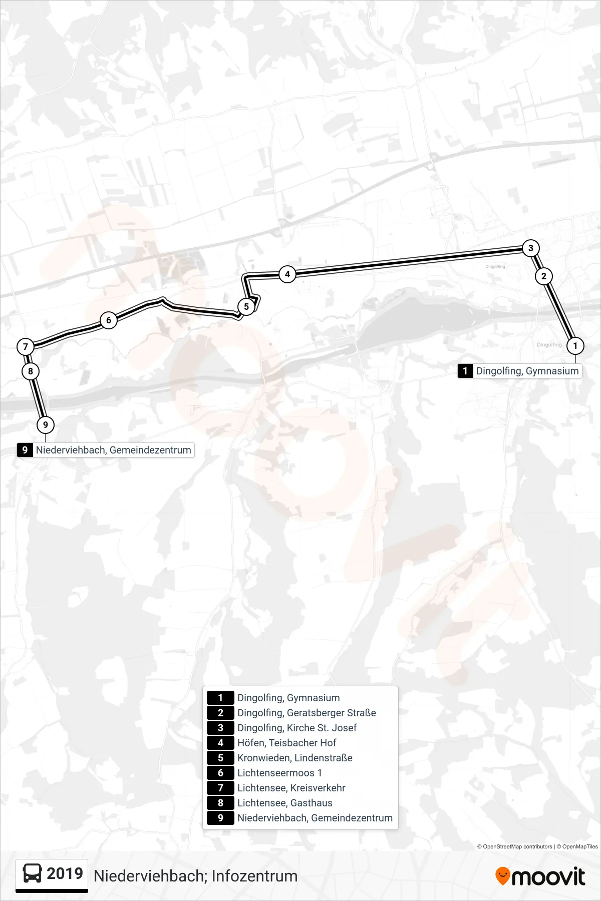 Linie 2019 (Bus) Richtung Niederviehbach; Infozentrum: Route und Haltestellen auf der Karte