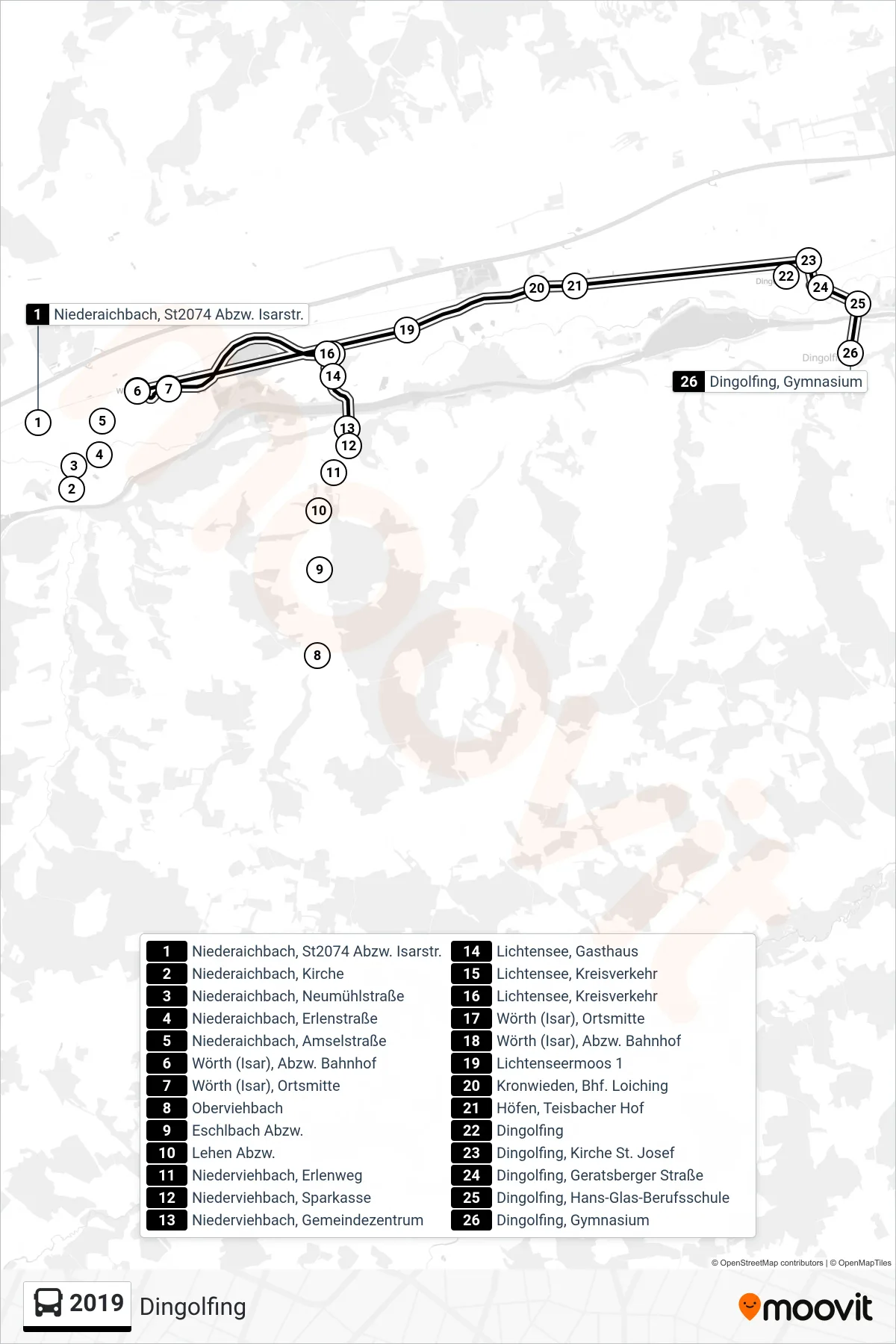 2019 bus Line (Dingolfing) route and stops on a map