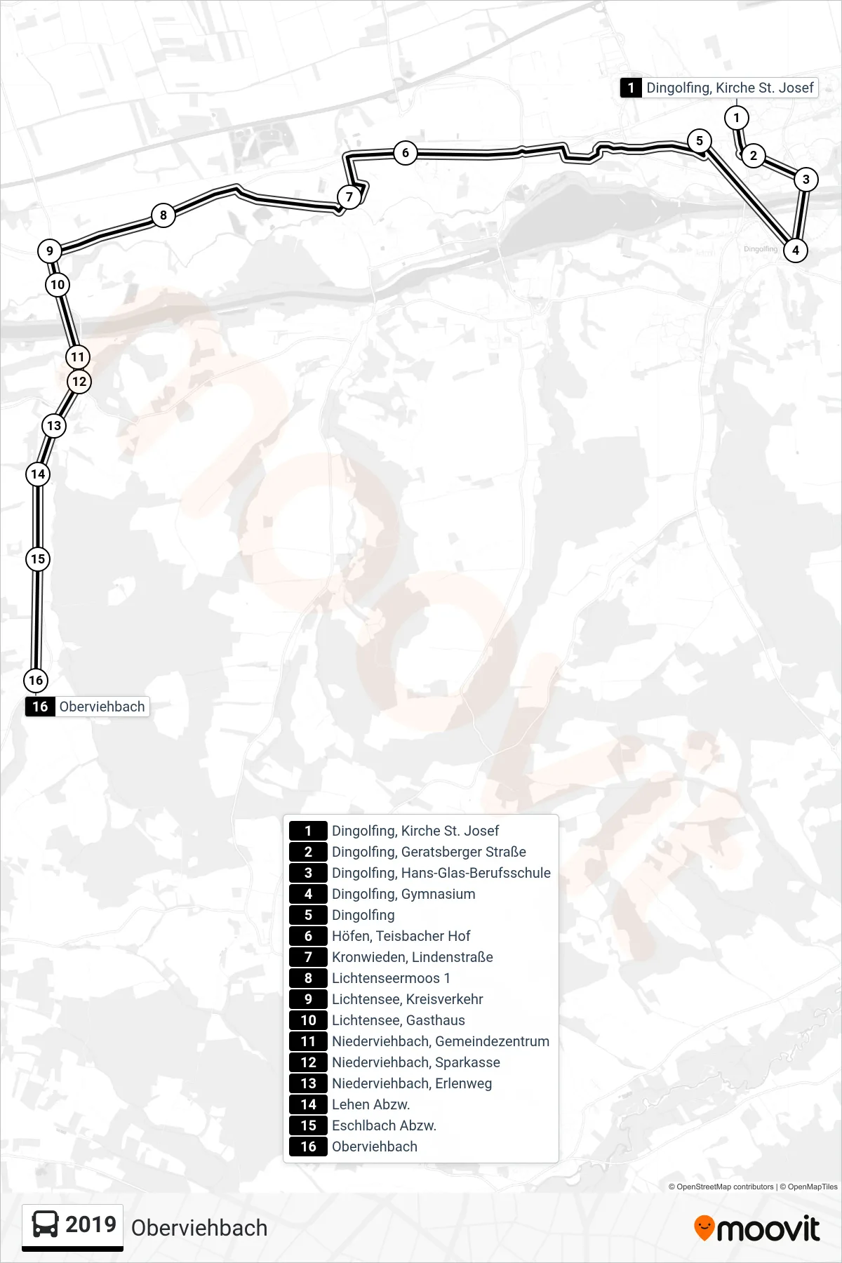 2019 bus Line (Oberviehbach) route and stops on a map