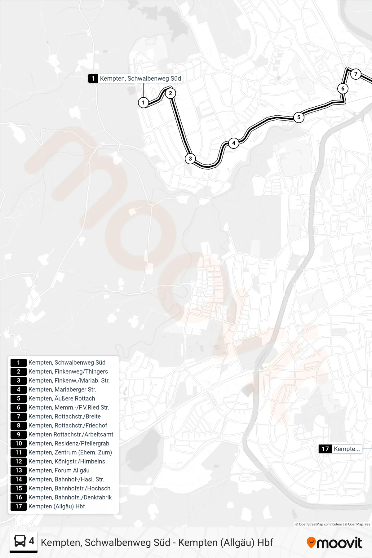 4 bus Line (Kempten (Allgäu) Hbf) route and stops on a map