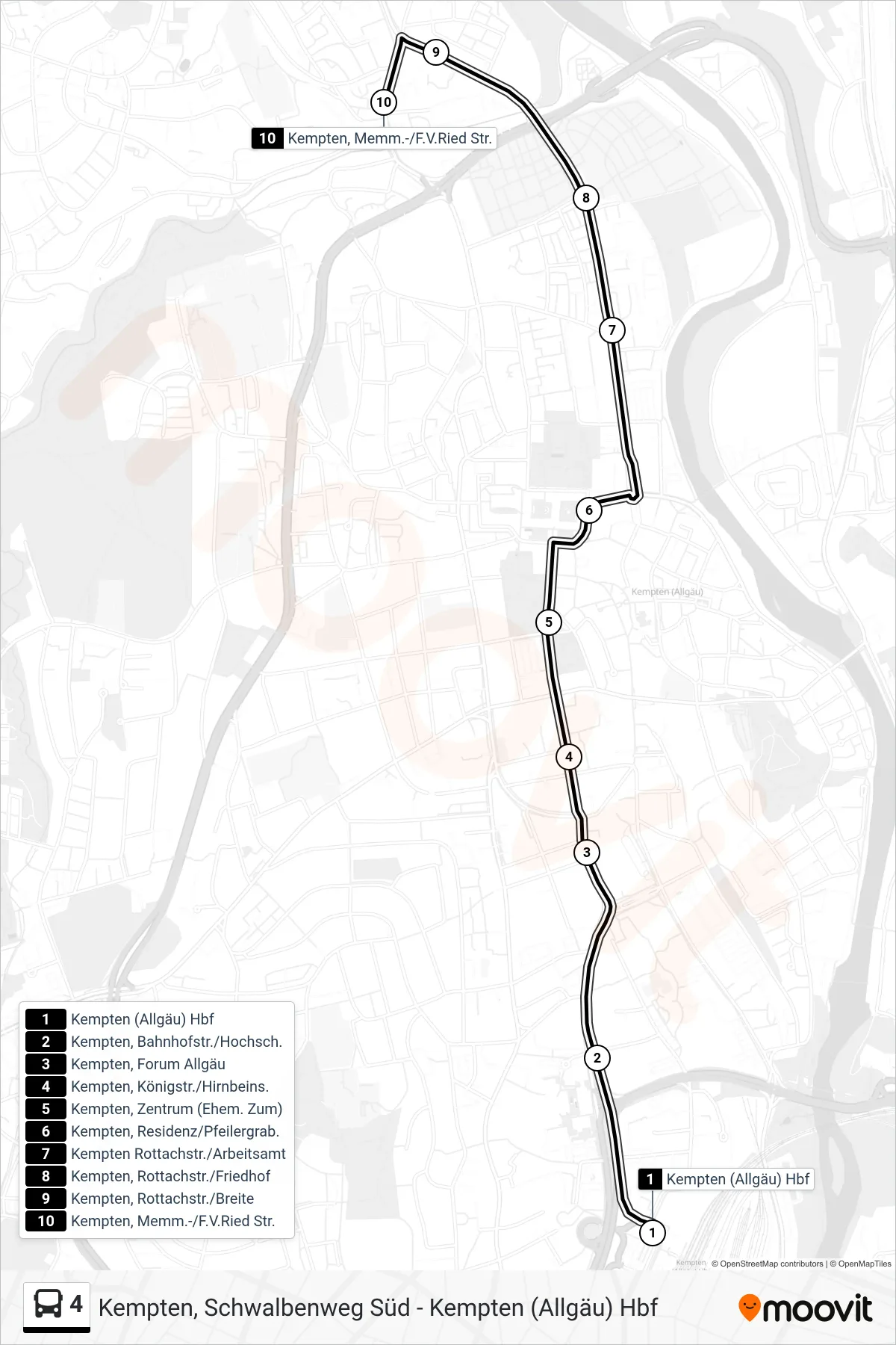 Linie 4 (Bus) Richtung Kempten, Memm.-/F.V.Ried Str.: Route und Haltestellen auf der Karte