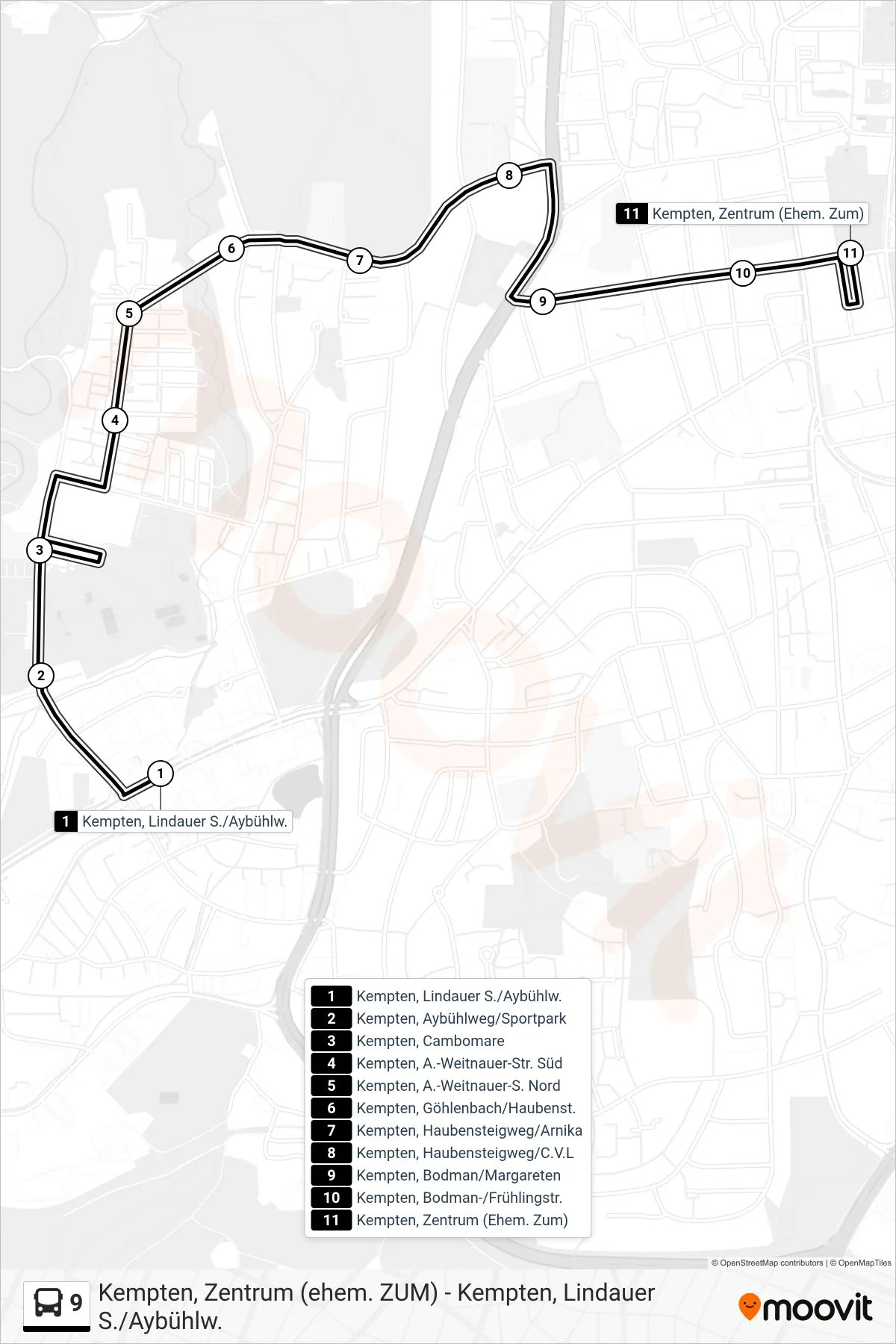 9 bus Line (Zentrum) route and stops on a map