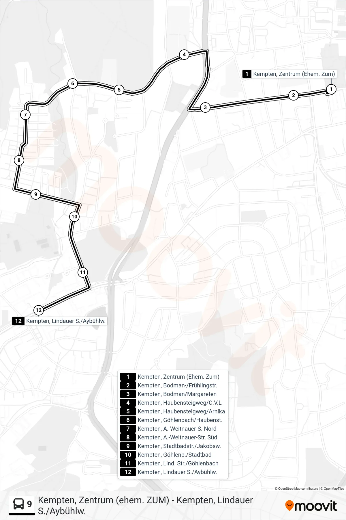 9 bus Line (Kempten, Lindauer S./Aybühlw.) route and stops on a map