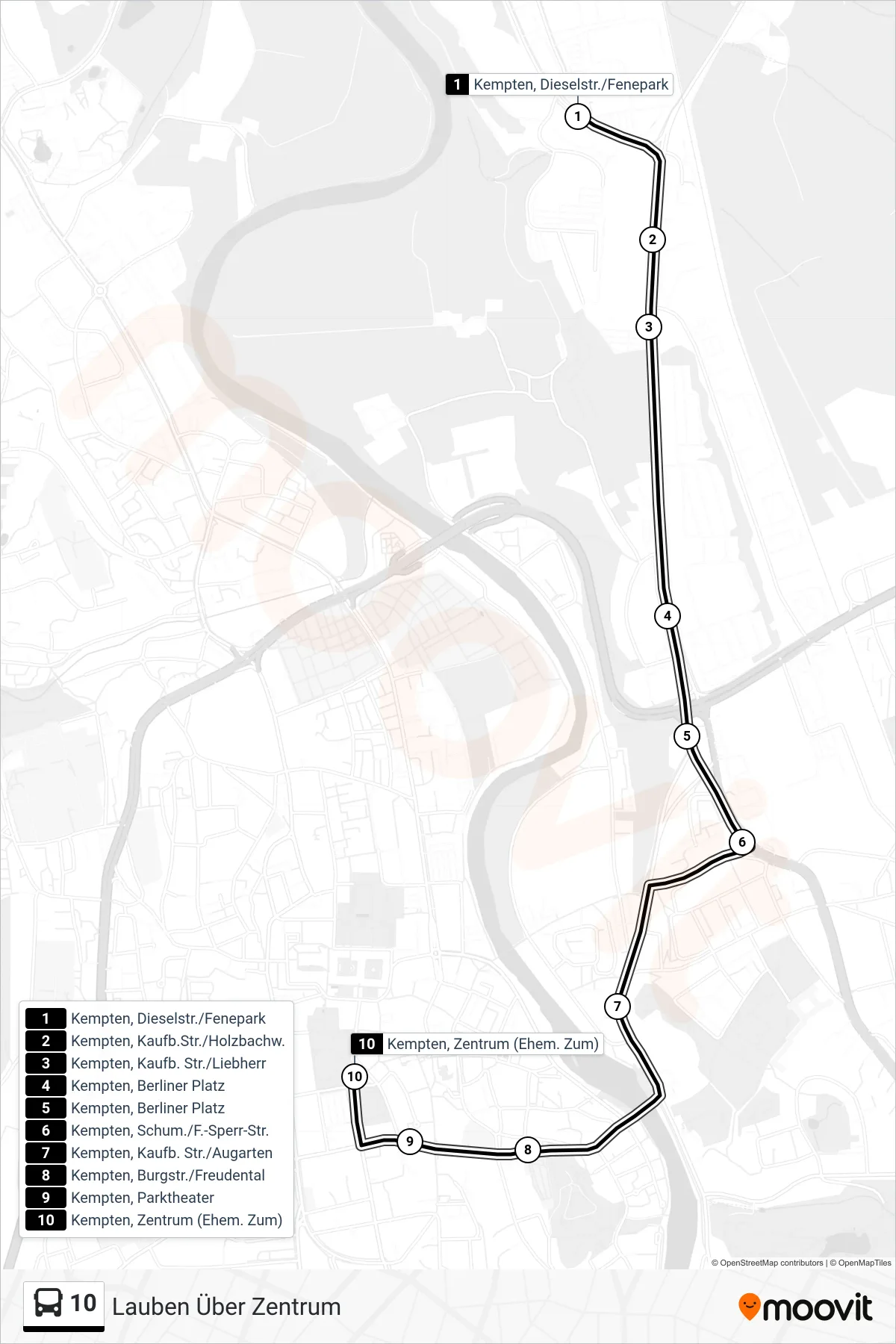 10 bus Line (Lauben Über Zentrum) route and stops on a map
