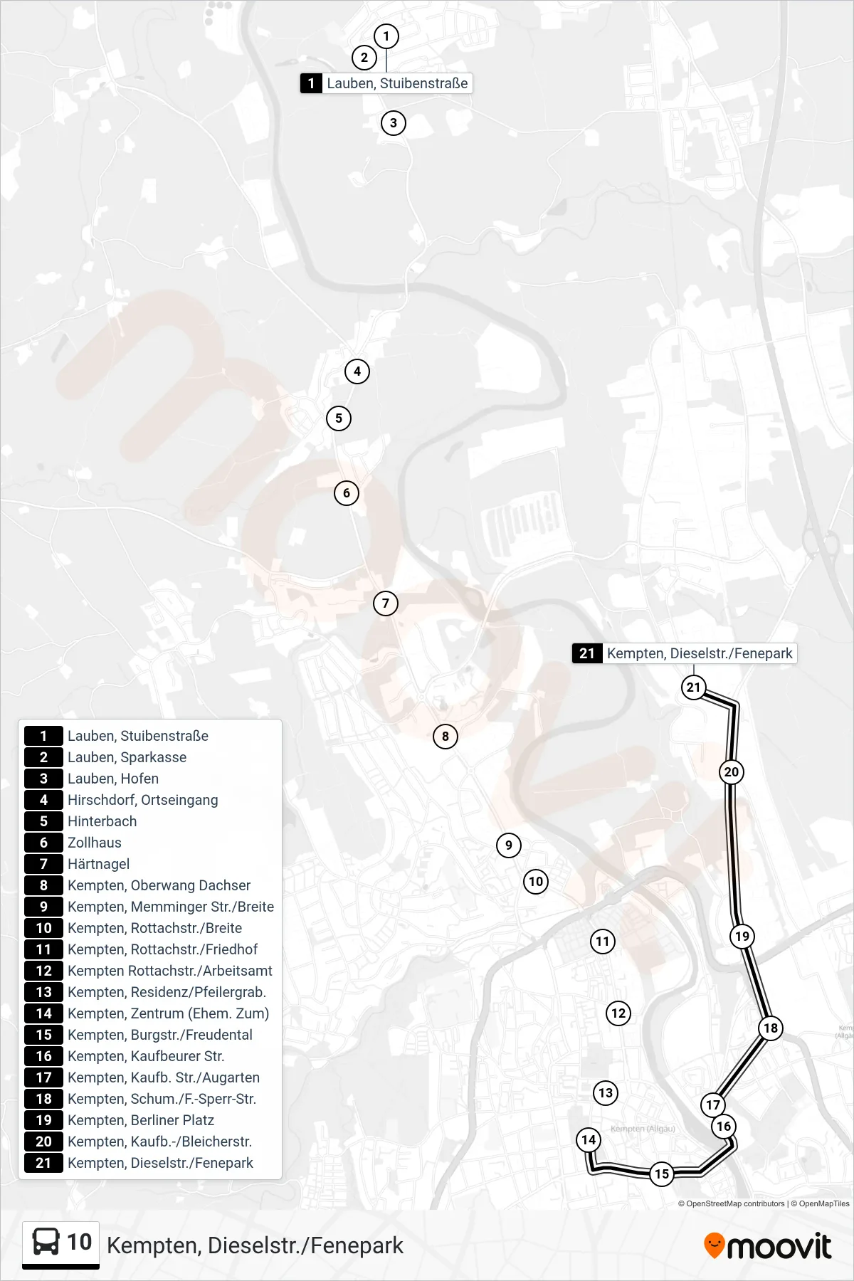 10 bus Line (Kempten, Dieselstr./Fenepark) route and stops on a map