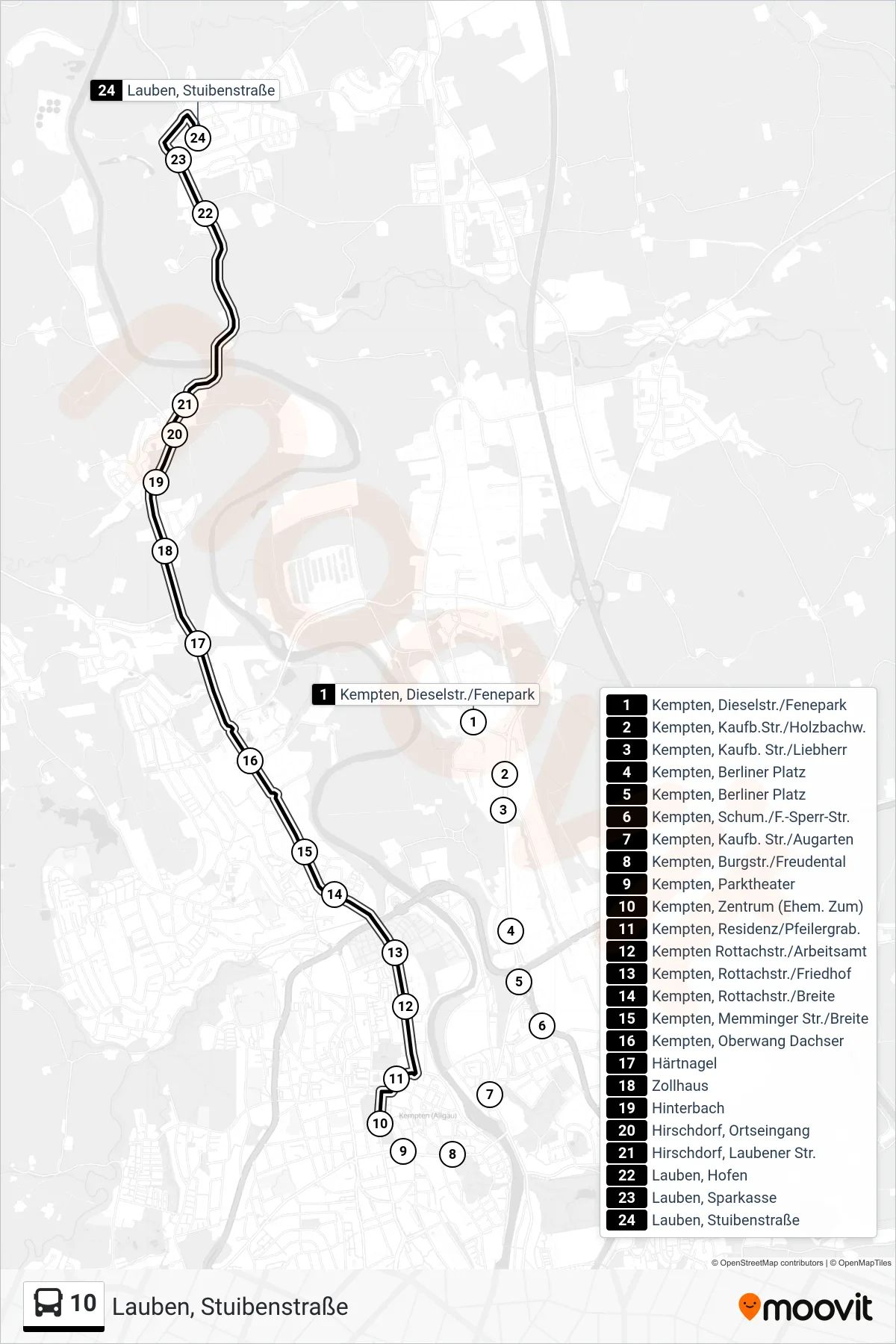 10 bus Line (Lauben, Stuibenstraße) route and stops on a map