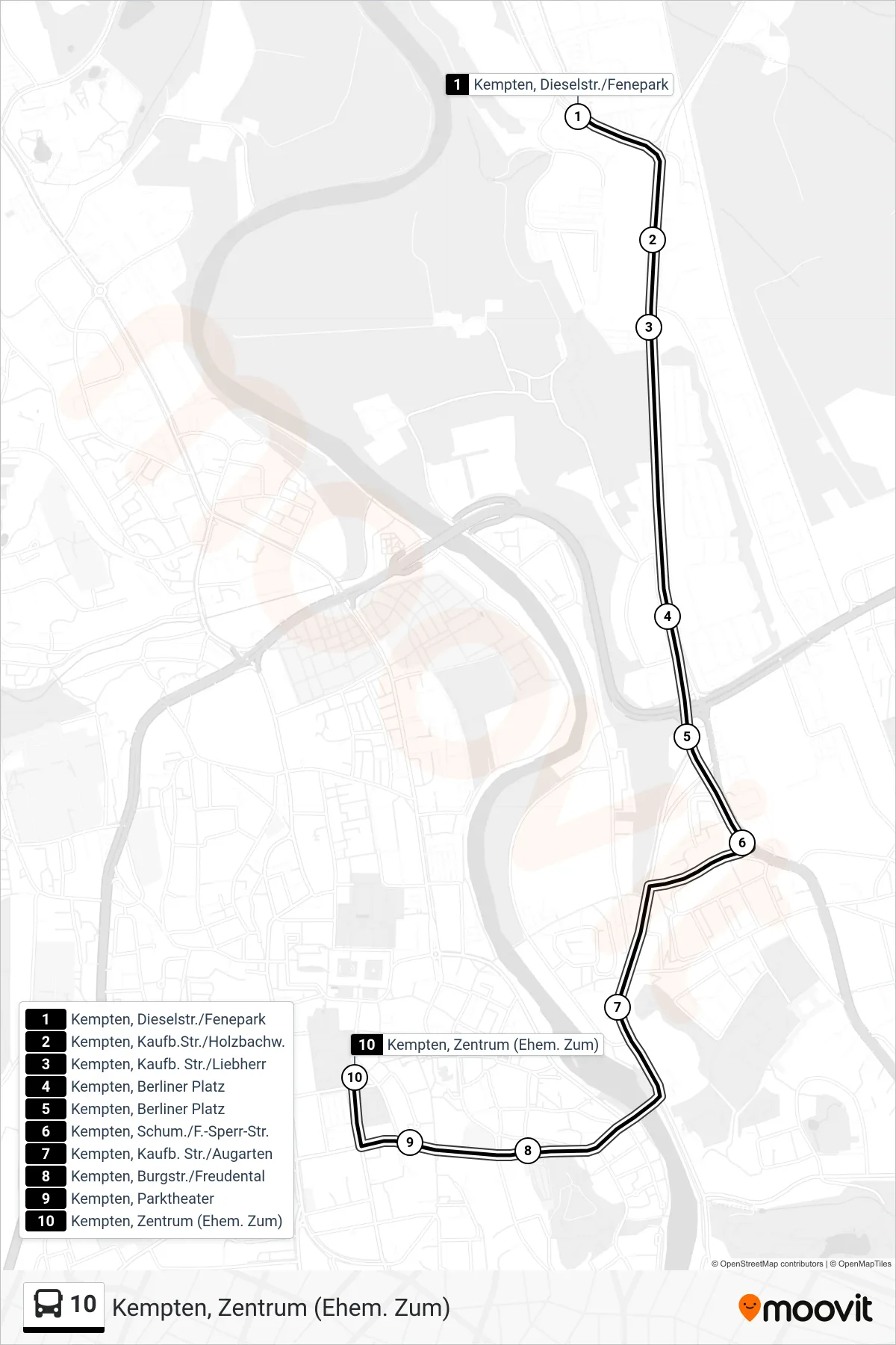 Linie 10 (Bus) Richtung Kempten, Zentrum (Ehem. Zum): Route und Haltestellen auf der Karte