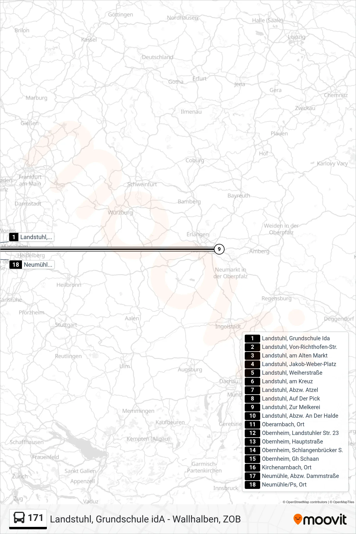 171 bus Line (Neumühle/Ps, Ort) route and stops on a map