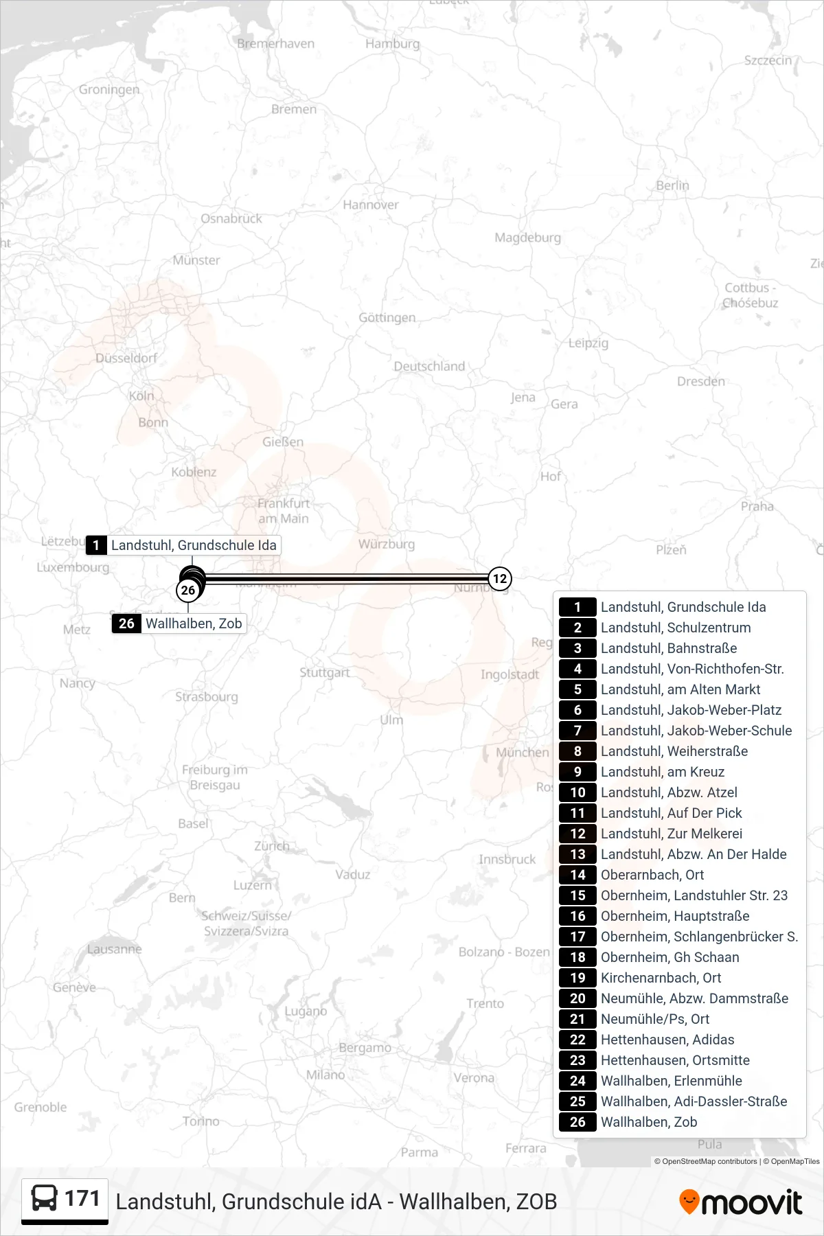 171 bus Line (Wallhalben, Zob) route and stops on a map