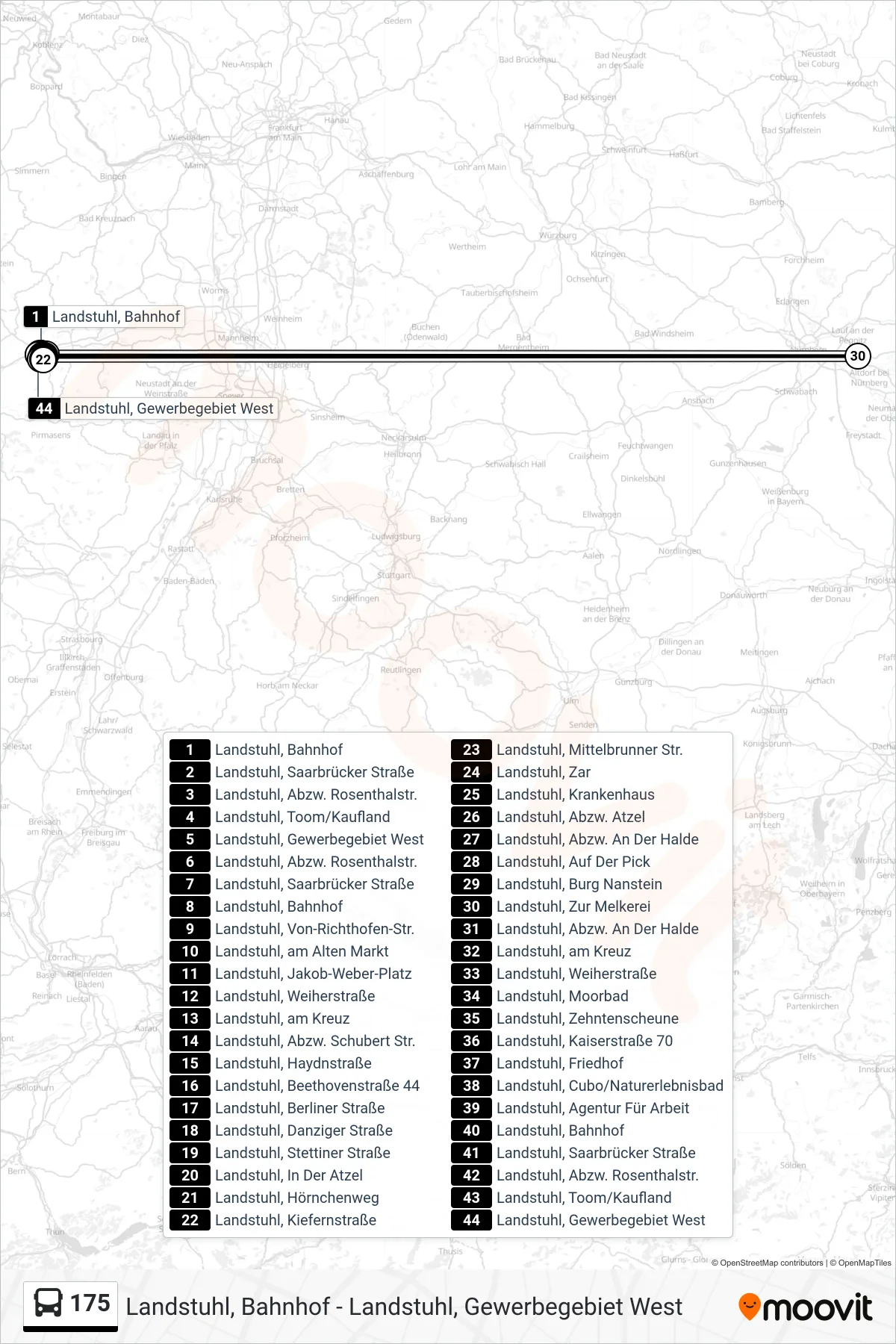 Linie 175 (Bus) Richtung Landstuhl, Gewerbegebiet West: Route und Haltestellen auf der Karte