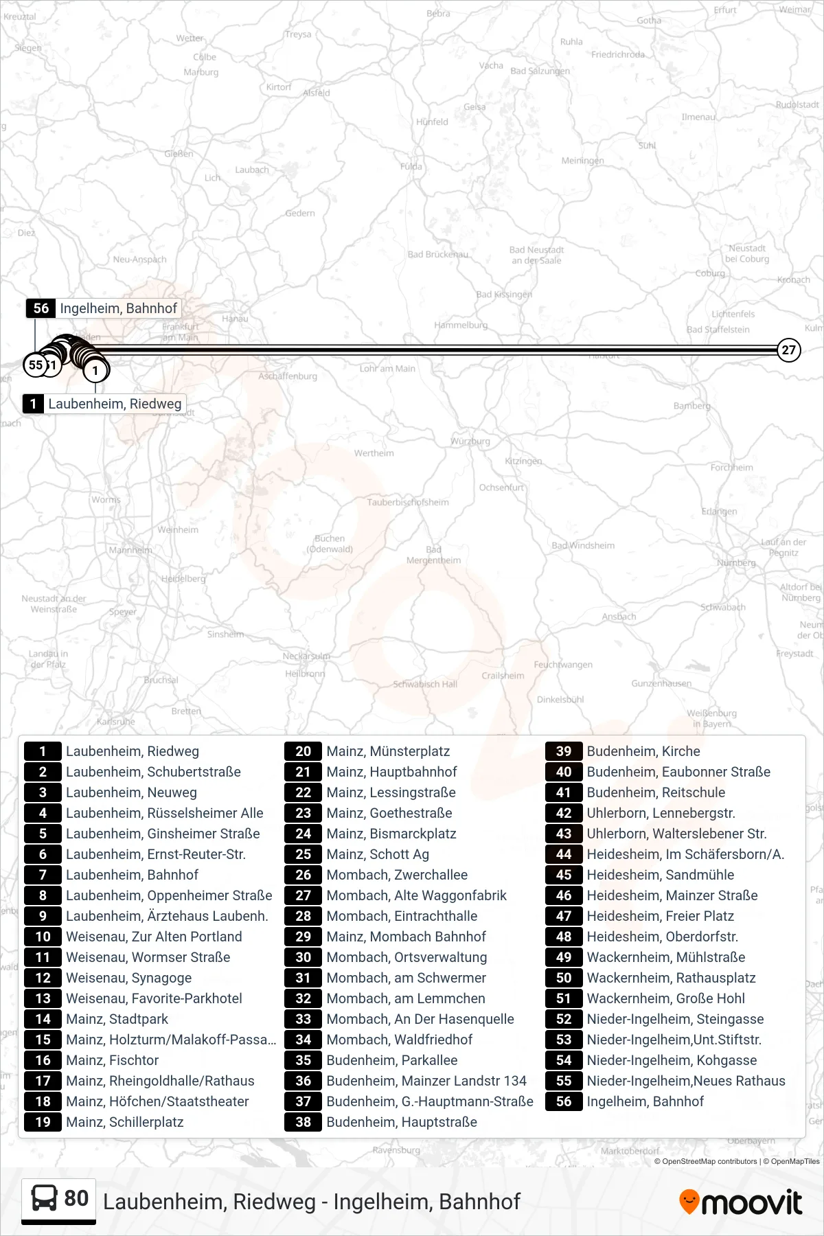 80 bus Line (Ingelheim, Bahnhof) route and stops on a map