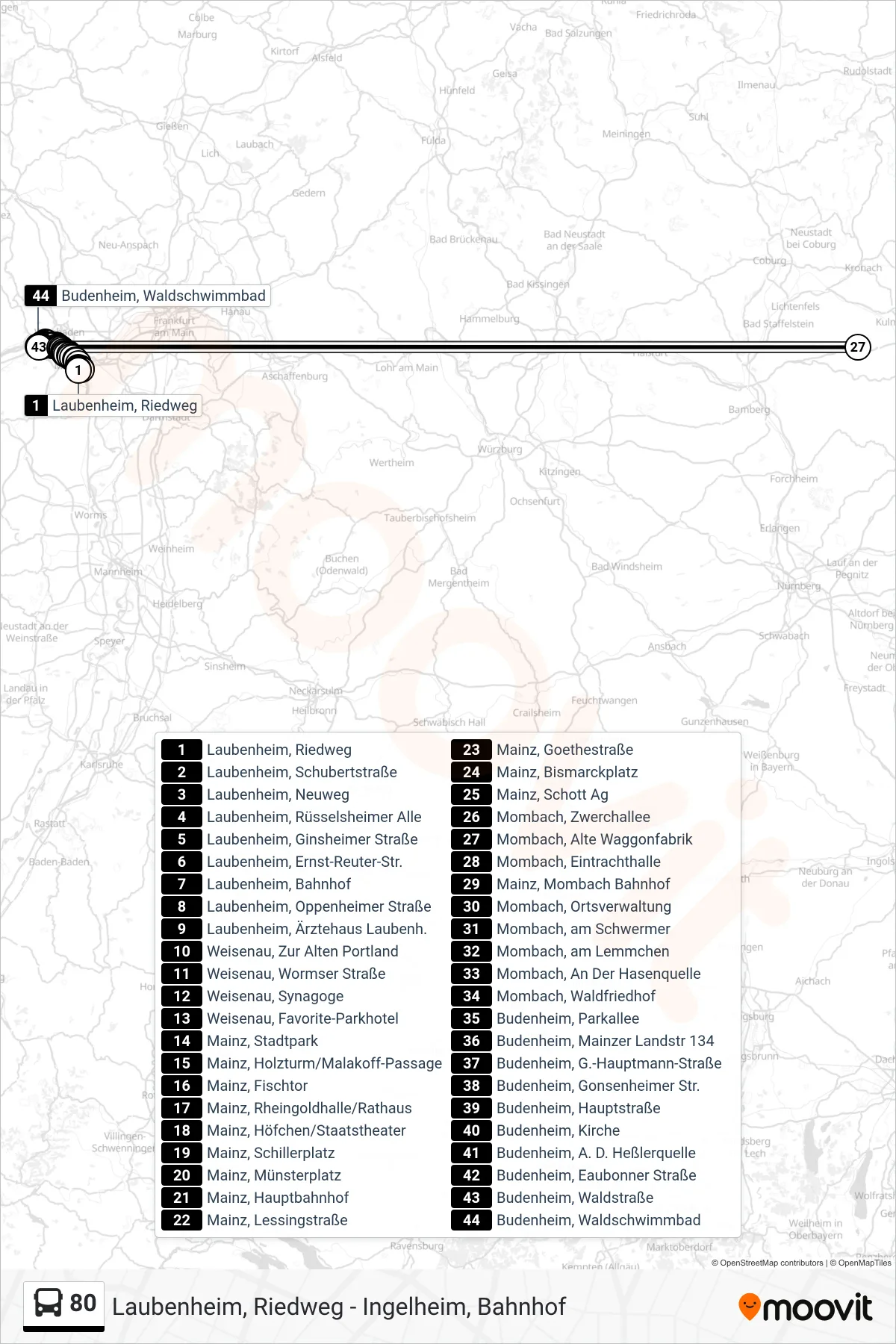80 bus Line (Budenheim, Waldschwimmbad) route and stops on a map