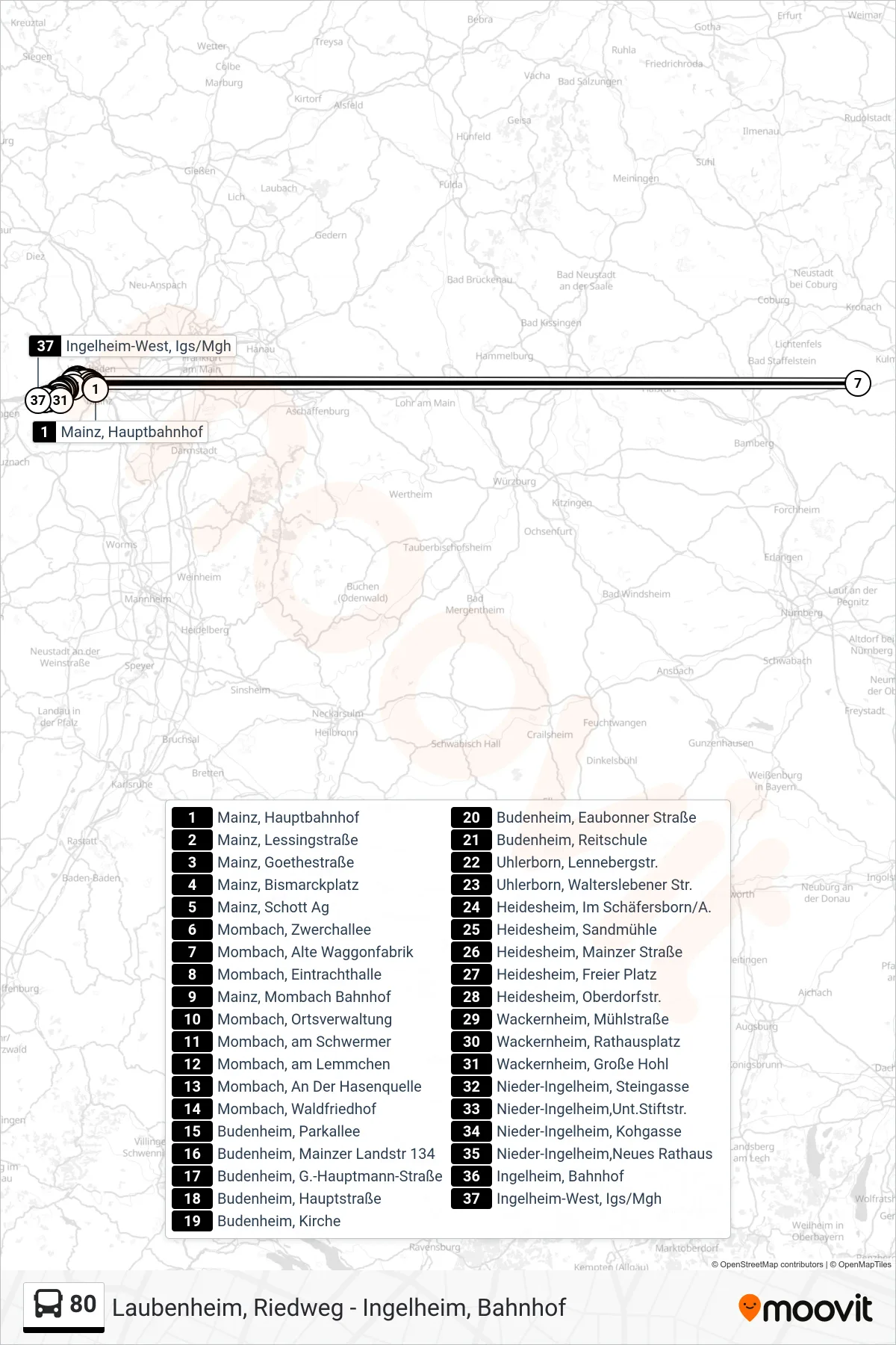 Linie 80 (Bus) Richtung Ingelheim-West, Igs/Mgh: Route und Haltestellen auf der Karte