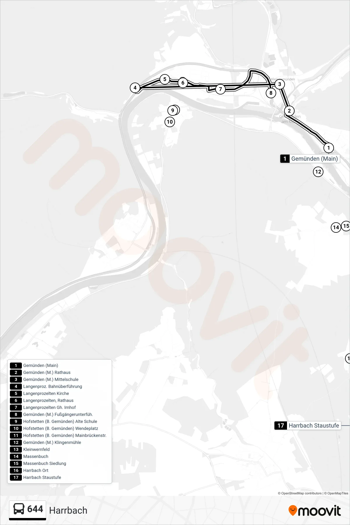 644 bus Line (Harrbach) route and stops on a map