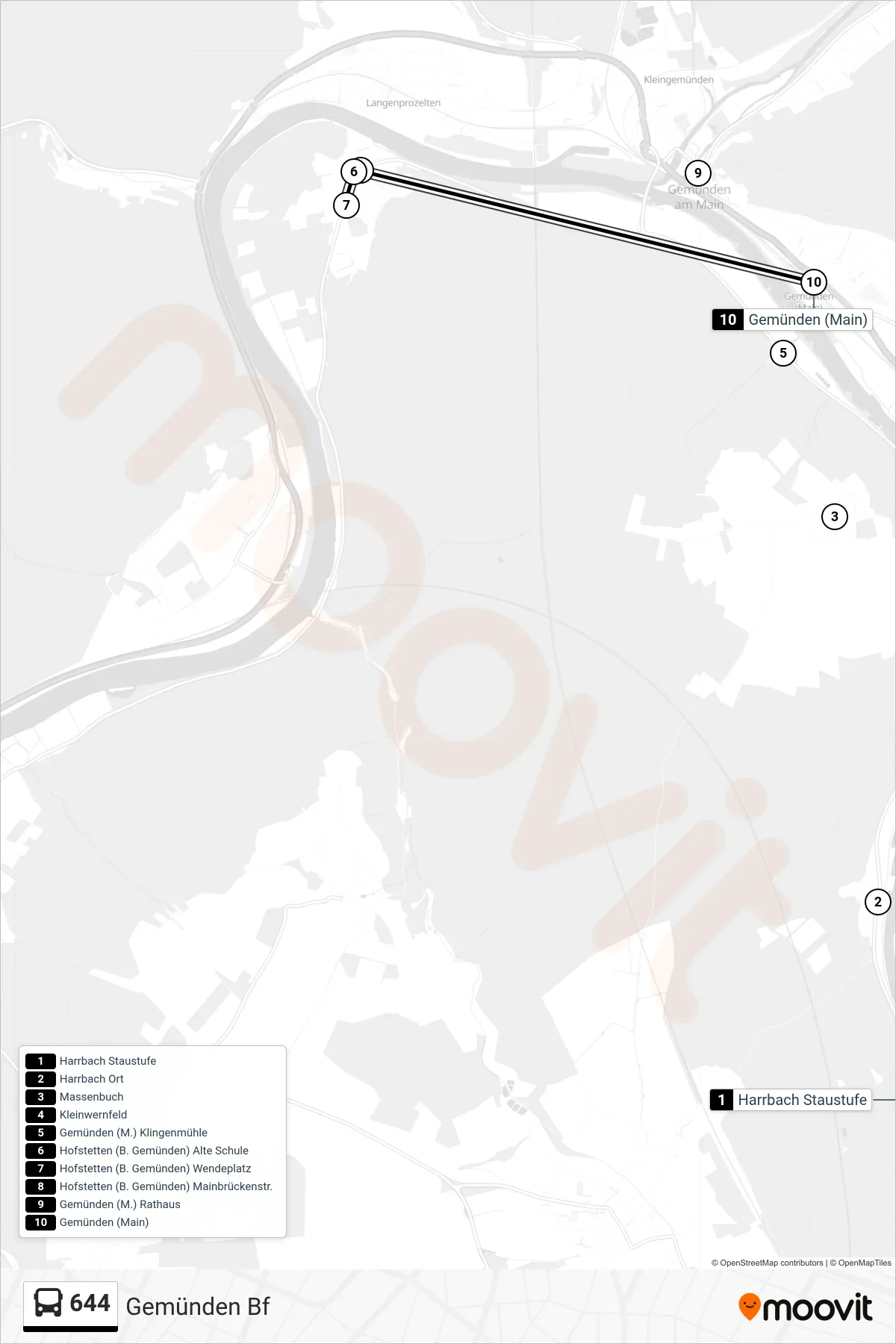 644 bus Line (Gemünden Bf) route and stops on a map