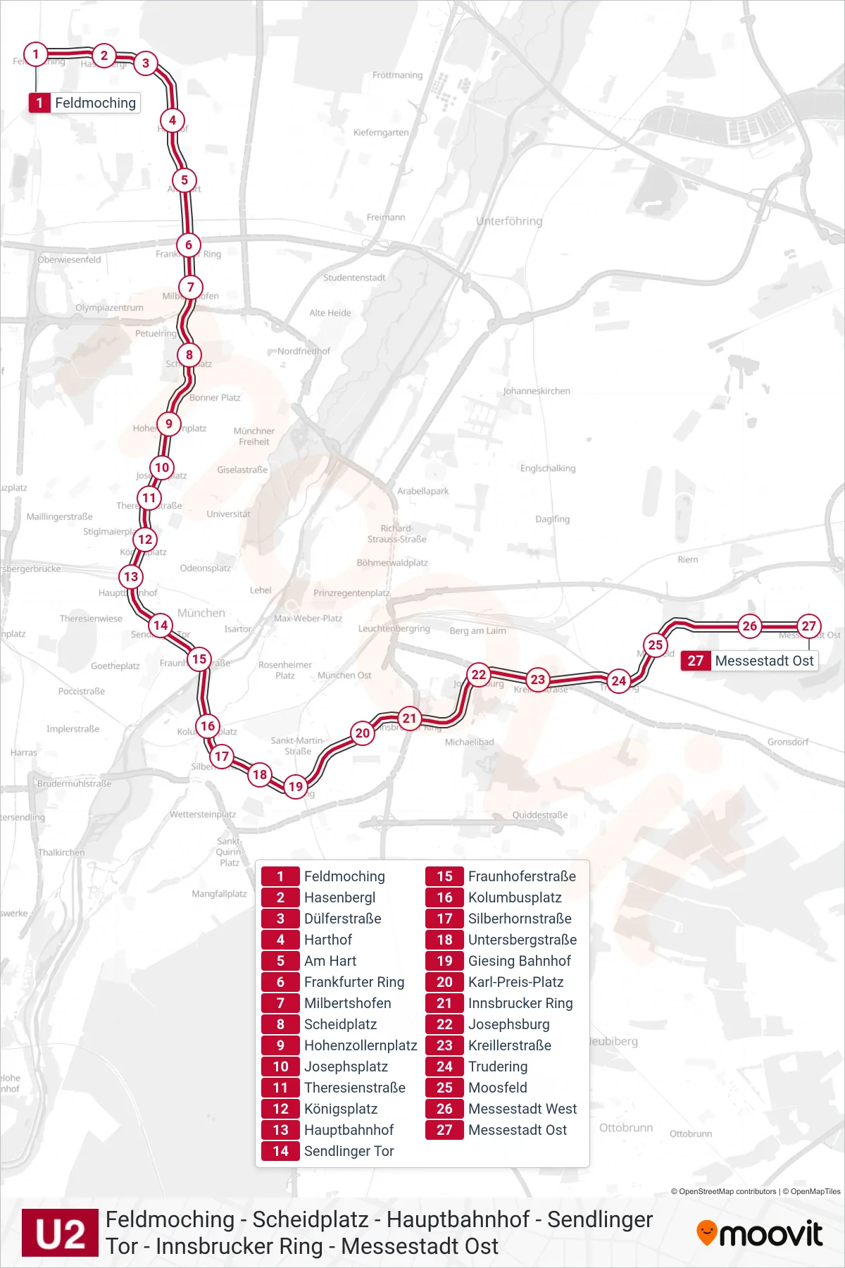 Linie U2 (U-Bahn) Richtung Feldmoching: Route und Haltestellen auf der Karte
