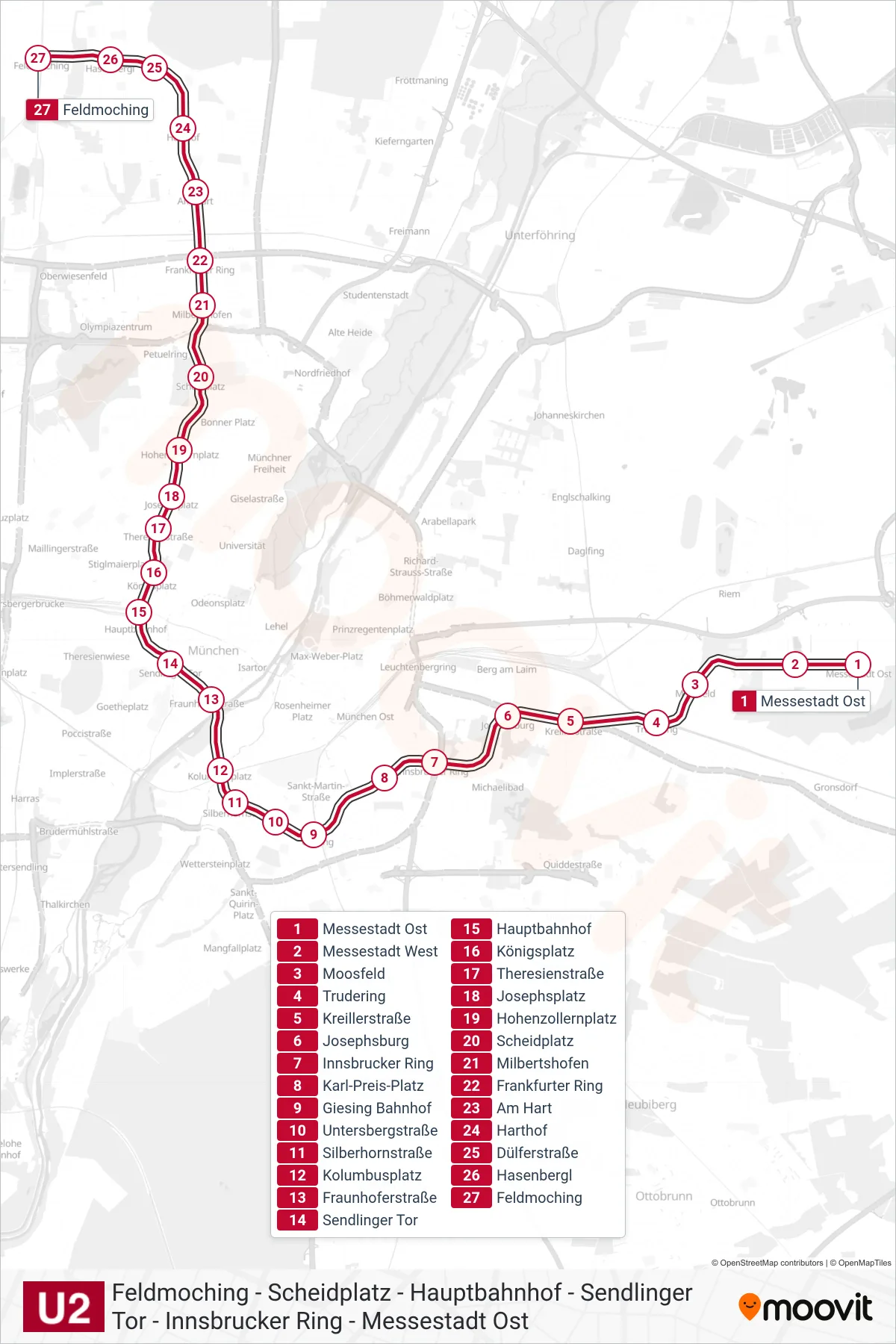 Linie U2 (U-Bahn) Richtung Messestadt Ost: Route und Haltestellen auf der Karte