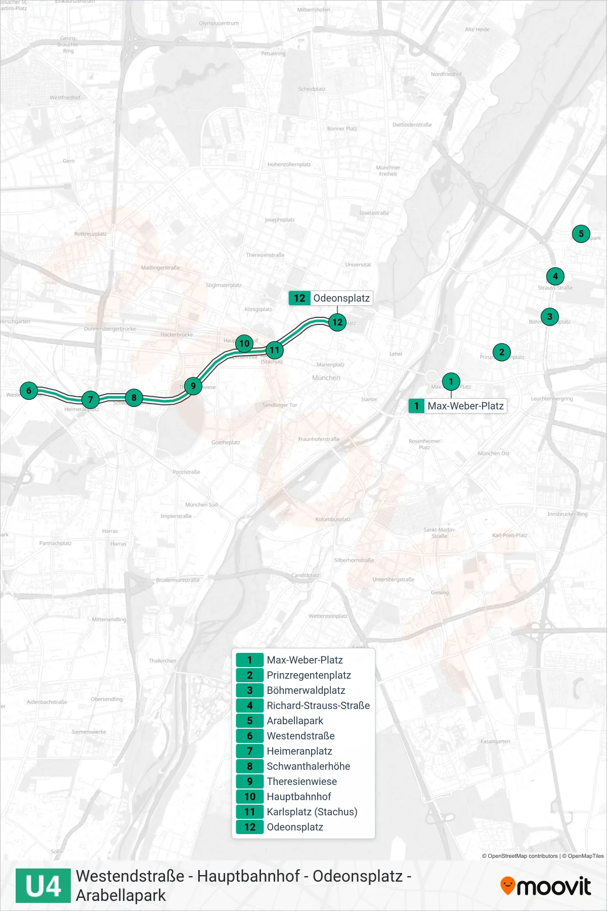 Linie U4 (U-Bahn) Richtung Westendstraße: Route und Haltestellen auf der Karte