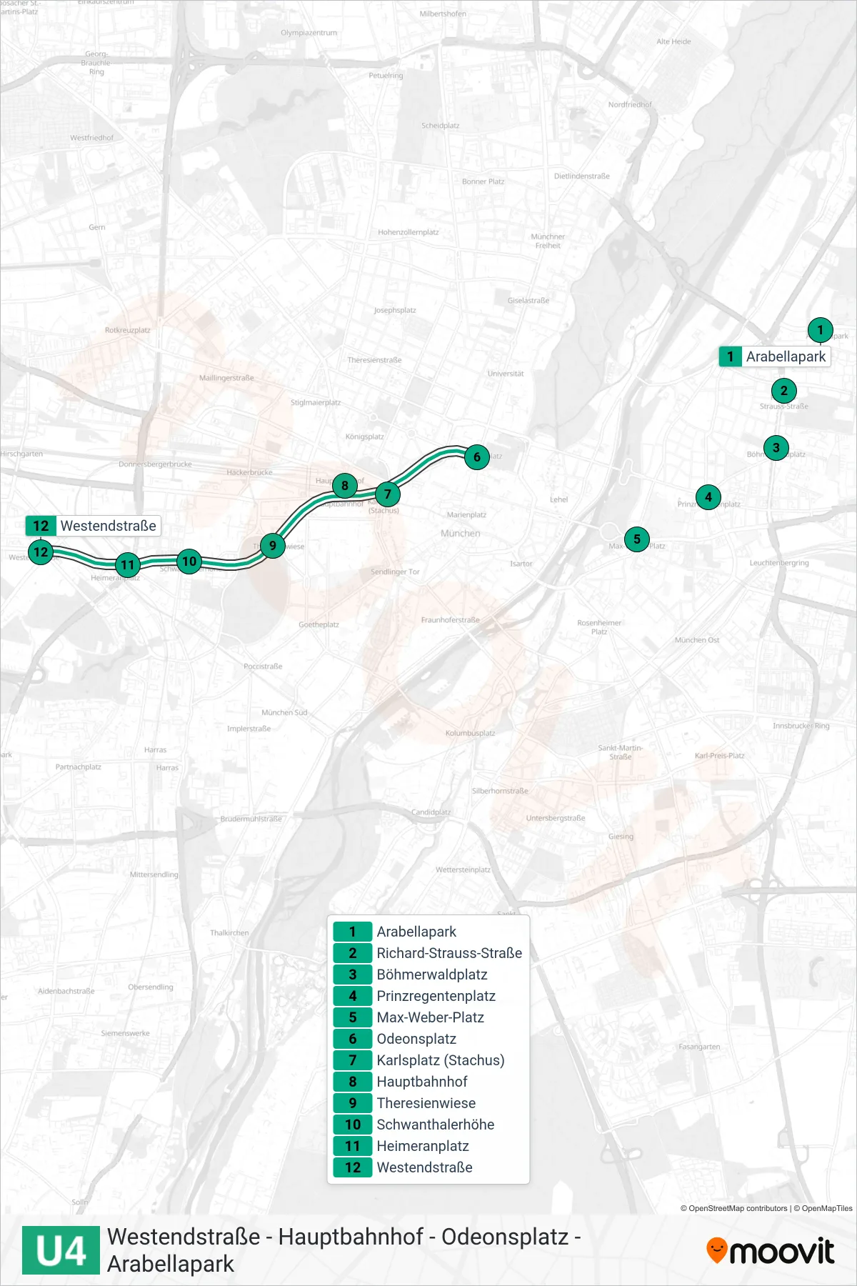 Linie U4 (U-Bahn) Richtung Arabellapark: Route und Haltestellen auf der Karte