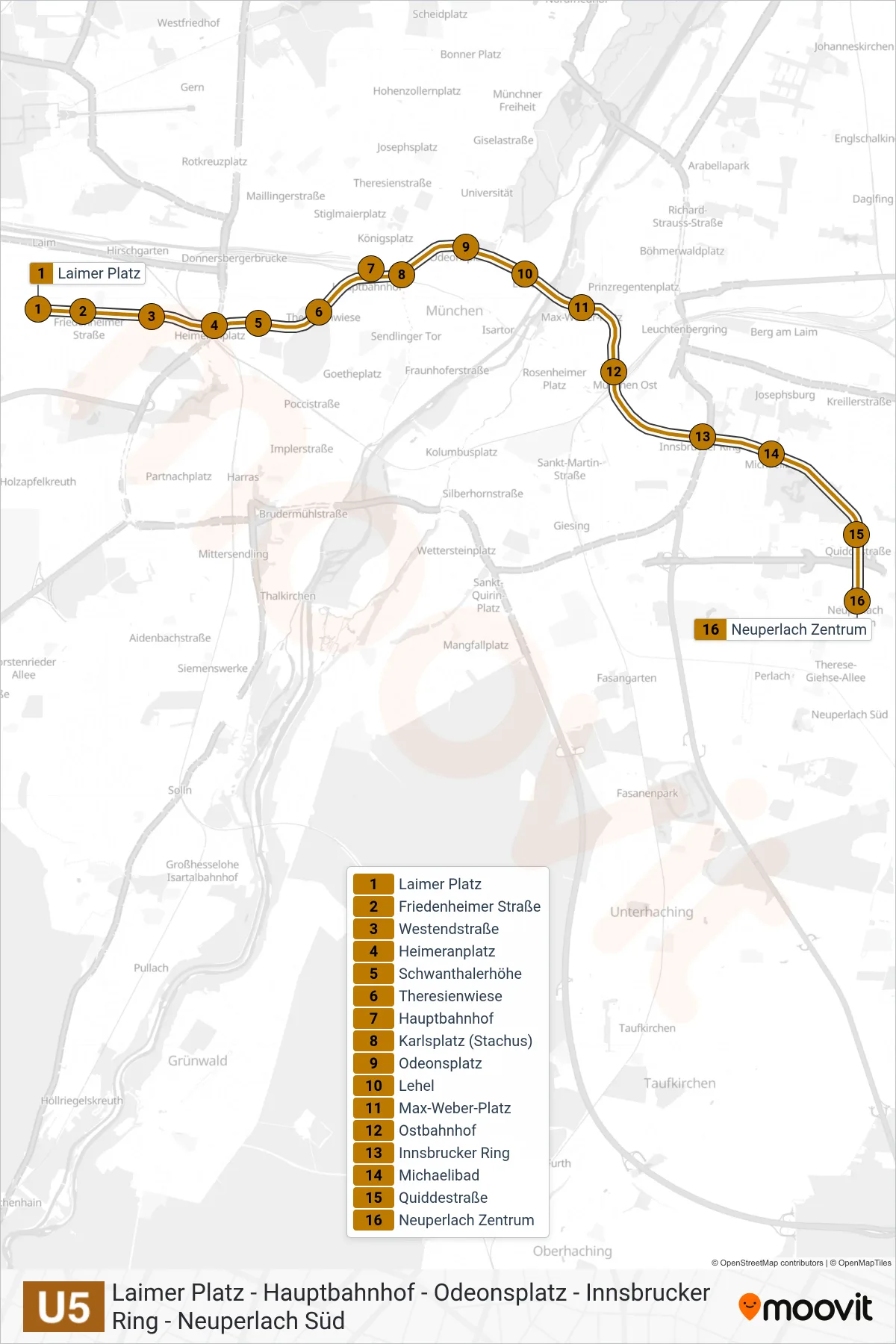 Linie U5 (U-Bahn) Richtung Laimer Platz: Route und Haltestellen auf der Karte