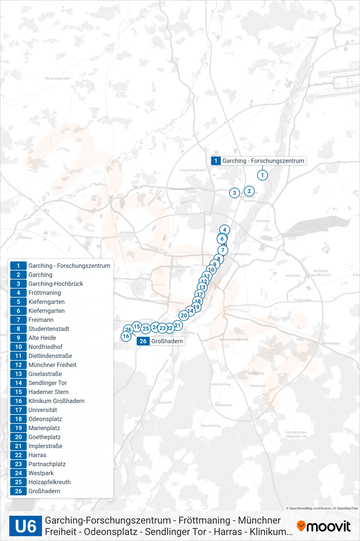 Linie U6 (U-Bahn) Richtung Garchin, Forschungszentrum: Route und Haltestellen auf der Karte
