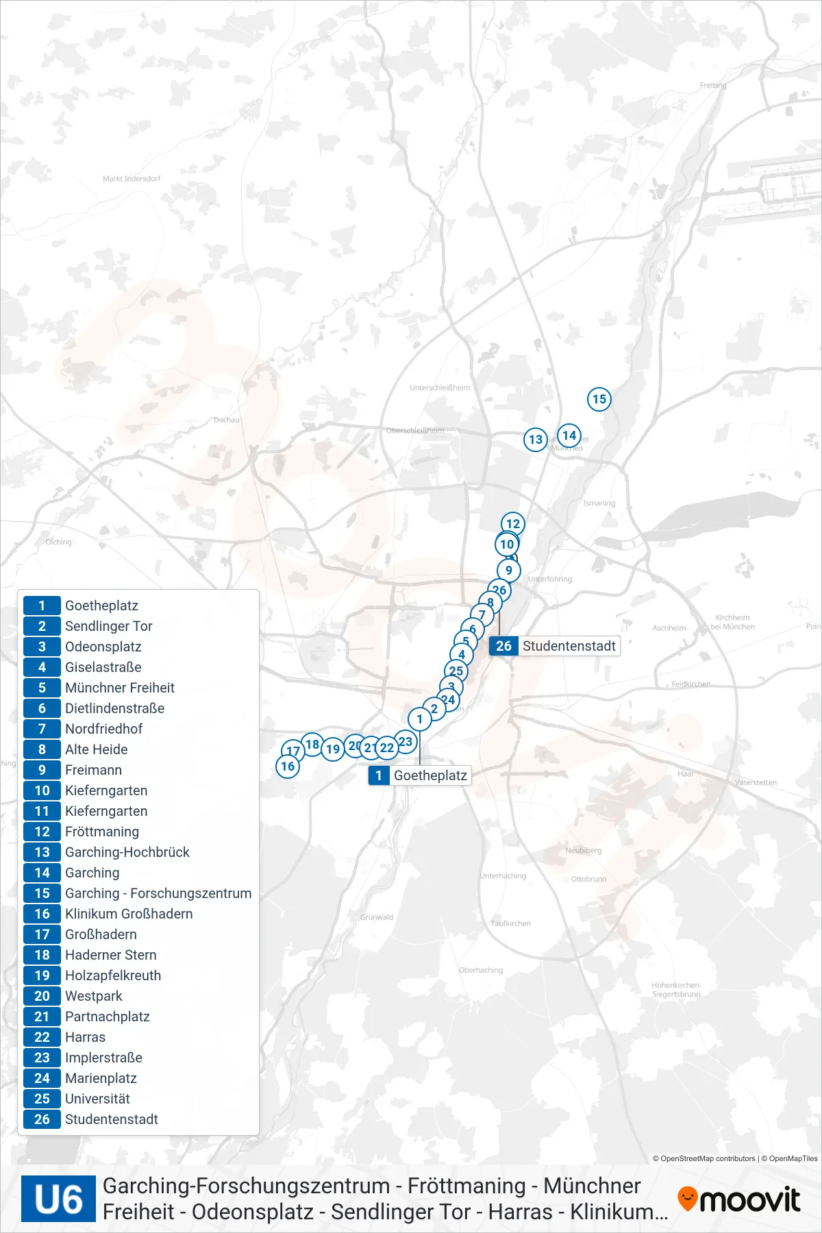 U6 subway Line (Klinikum Großhadern) route and stops on a map