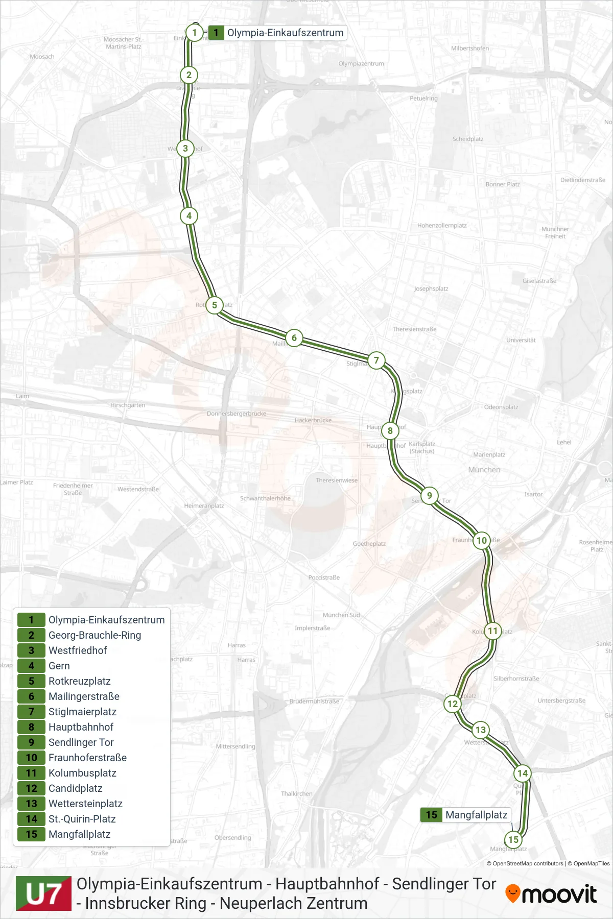 Linie U7 (U-Bahn) Richtung Neuperlach Zentrum: Route und Haltestellen auf der Karte