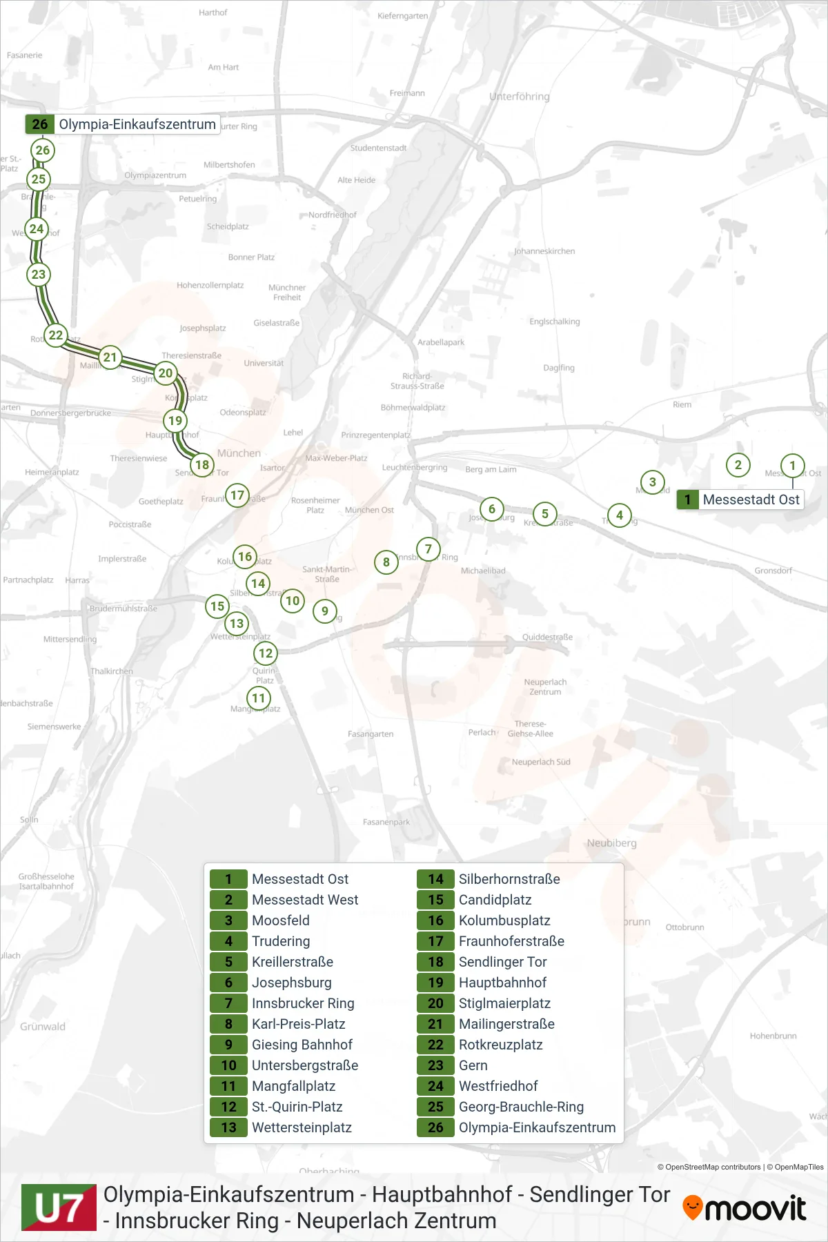 Linie U7 (U-Bahn) Richtung Olympia - Einkaufszentrum: Route und Haltestellen auf der Karte