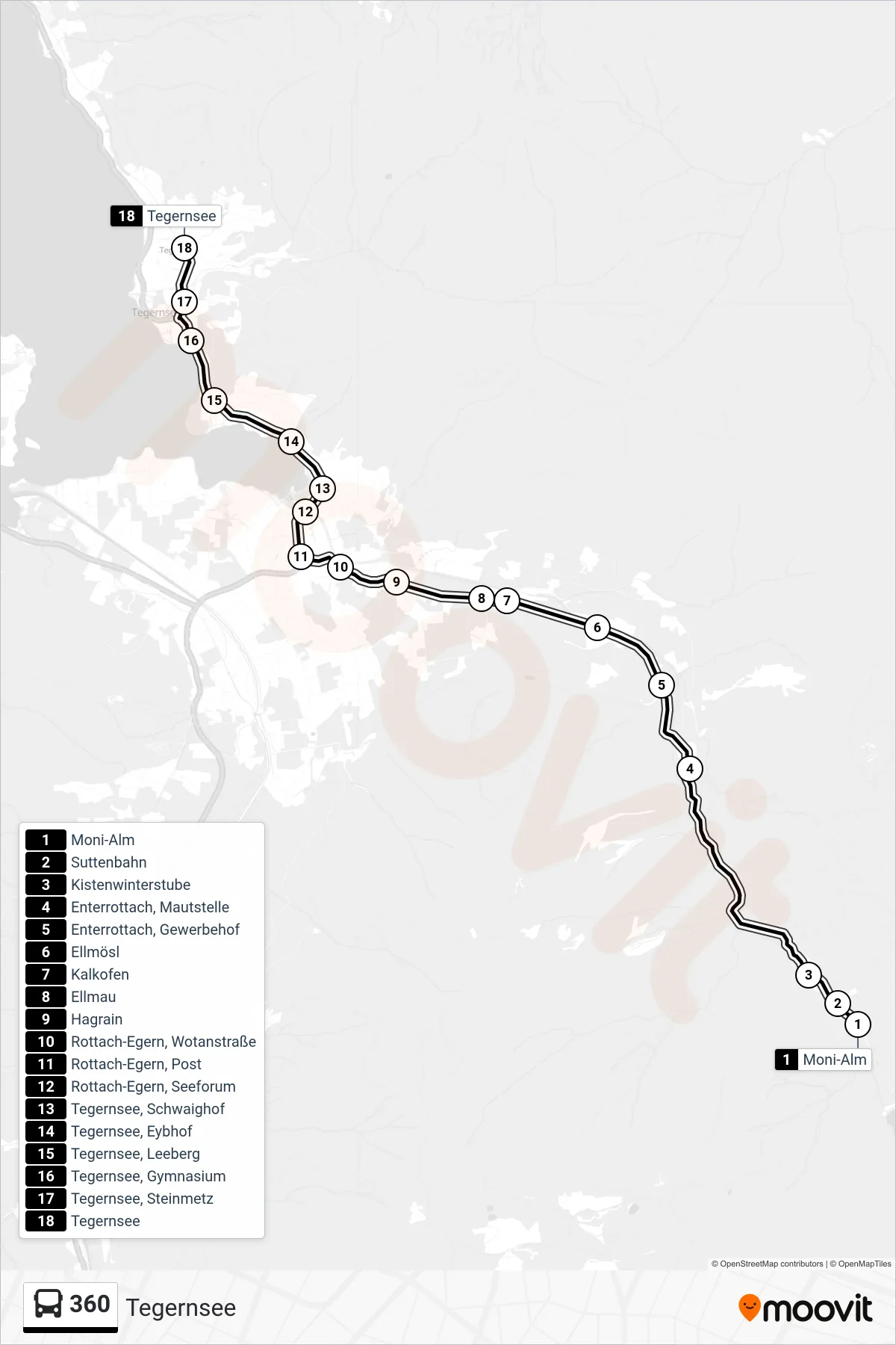 Linie 360 (Bus) Richtung Tegernsee: Route und Haltestellen auf der Karte