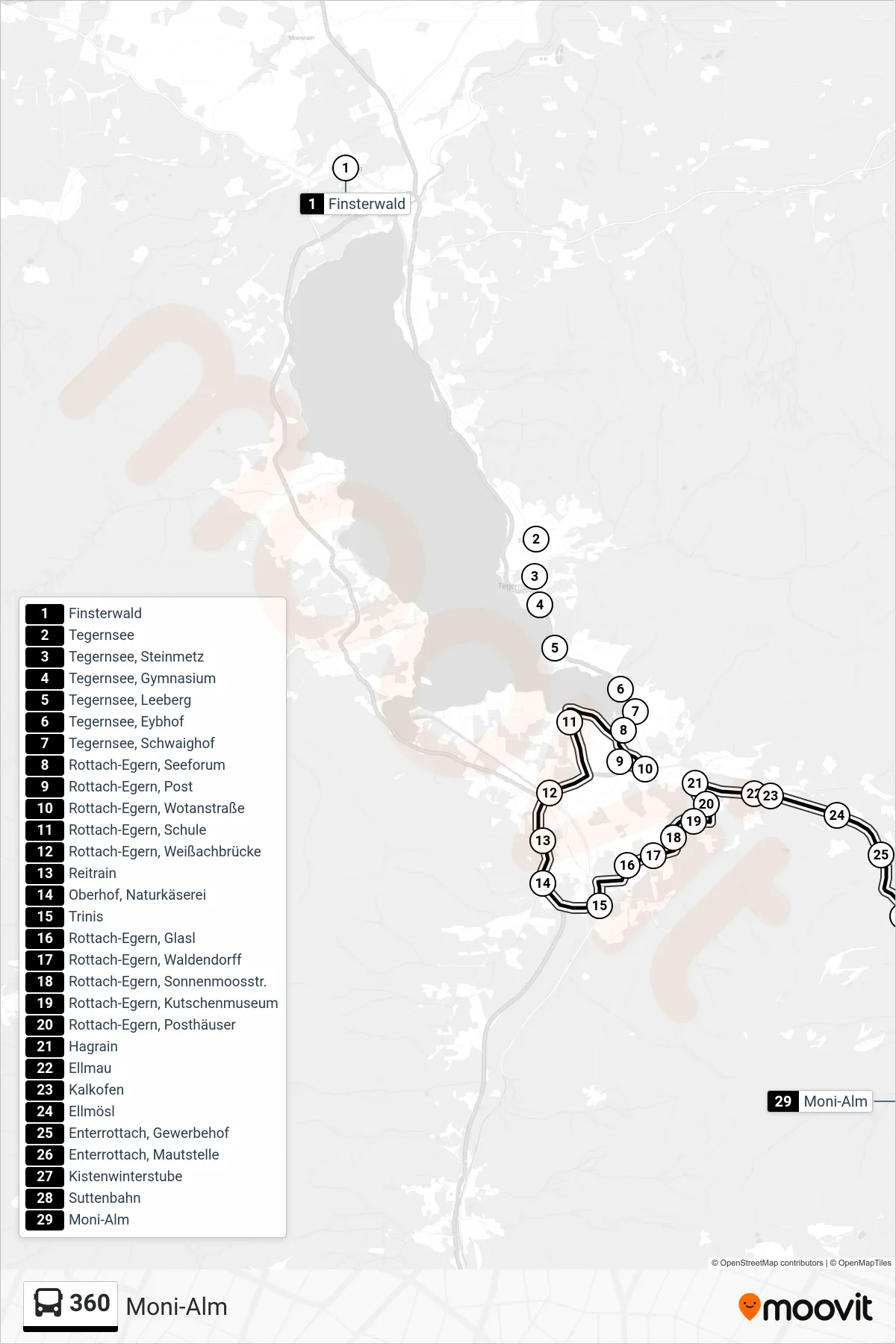 360 bus Line (Moni-Alm) route and stops on a map