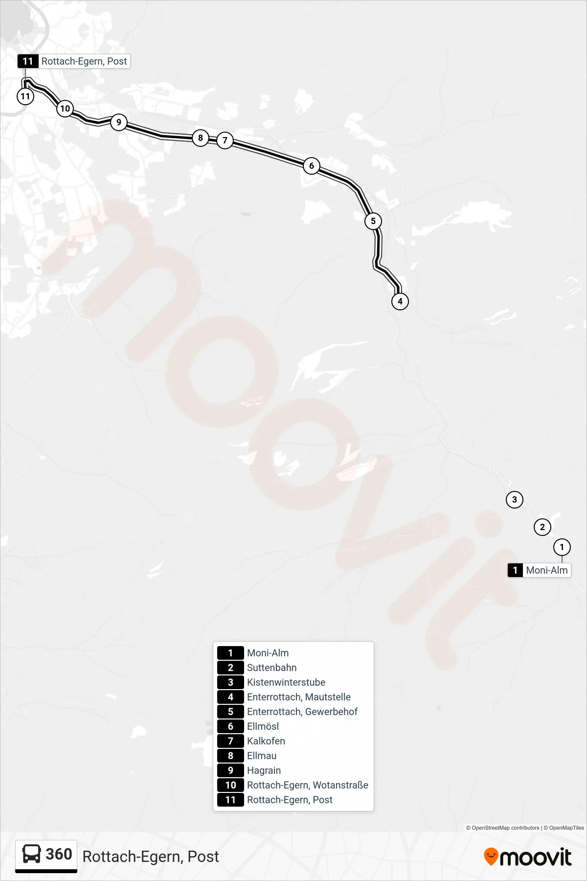 360 bus Line (Rottach-Egern, Post) route and stops on a map