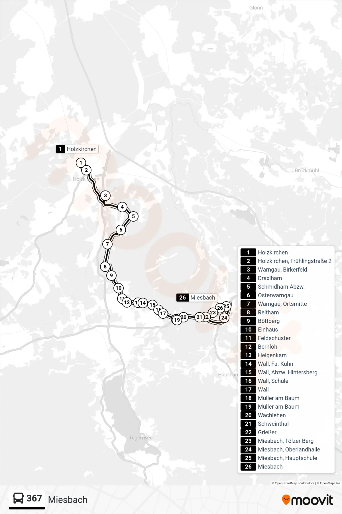 367 bus Line (Miesbach) route and stops on a map