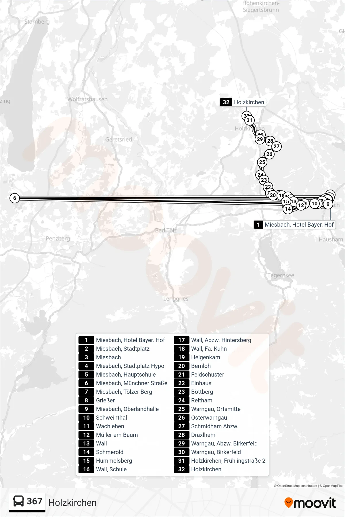 367 bus Line (Holzkirchen) route and stops on a map
