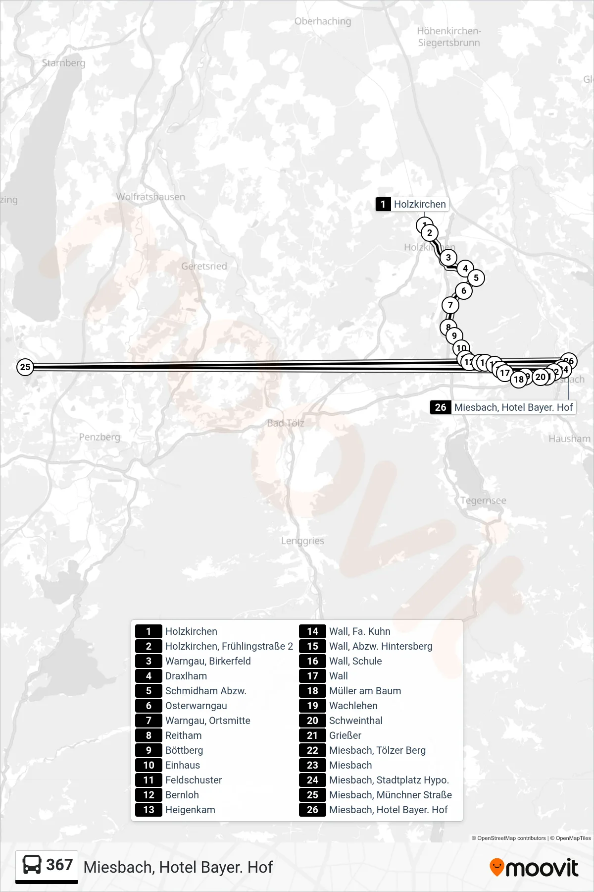 Linie 367 (Bus) Richtung Miesbach, Hotel Bayer. Hof: Route und Haltestellen auf der Karte