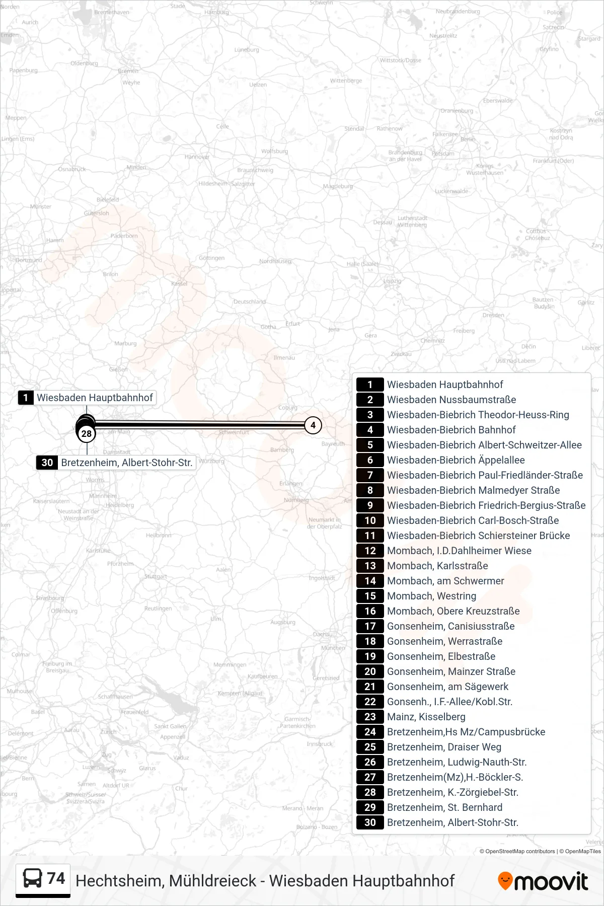 74 bus Line (Bretzenheim, Albert-Stohr-Str.) route and stops on a map