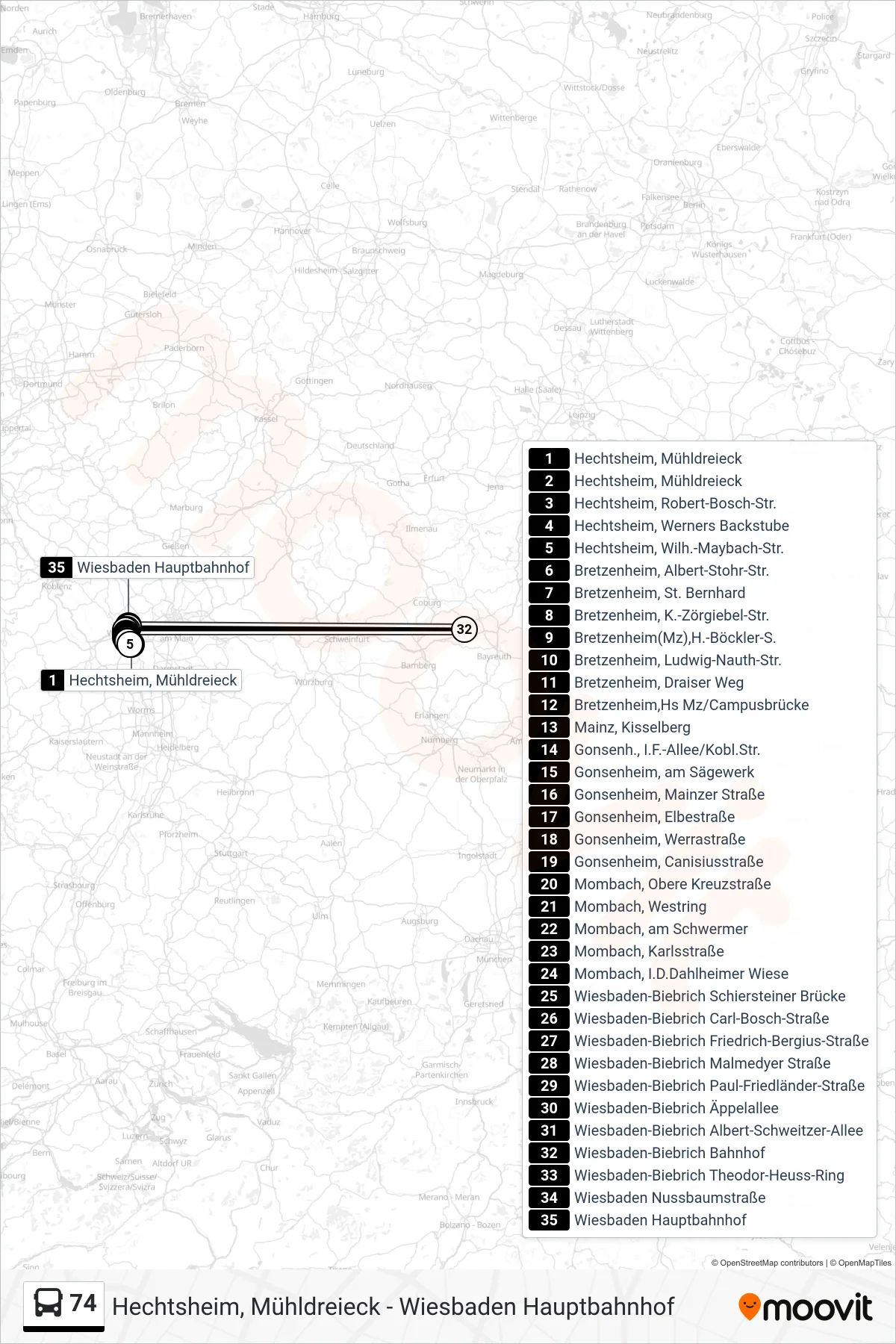 Linie 74 (Bus) Richtung Wiesbaden Hauptbahnhof: Route und Haltestellen auf der Karte