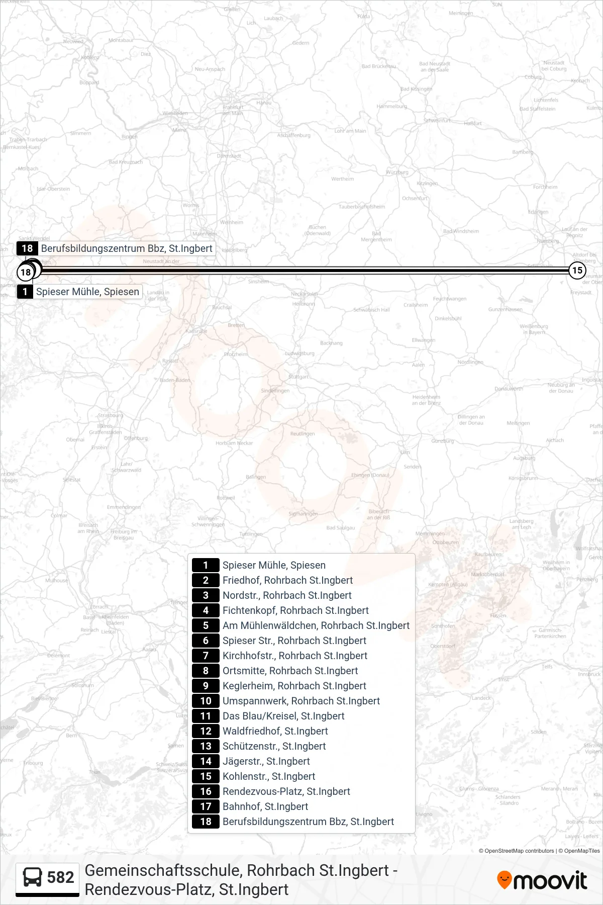582 bus Line (Bbz St. Ingbert) route and stops on a map