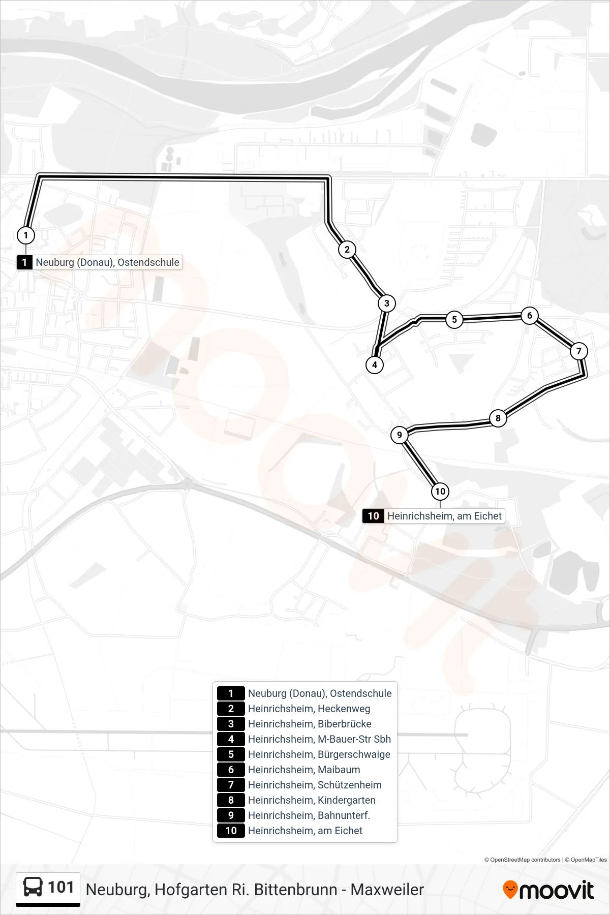 101 bus Line (Schulbus 01) route and stops on a map