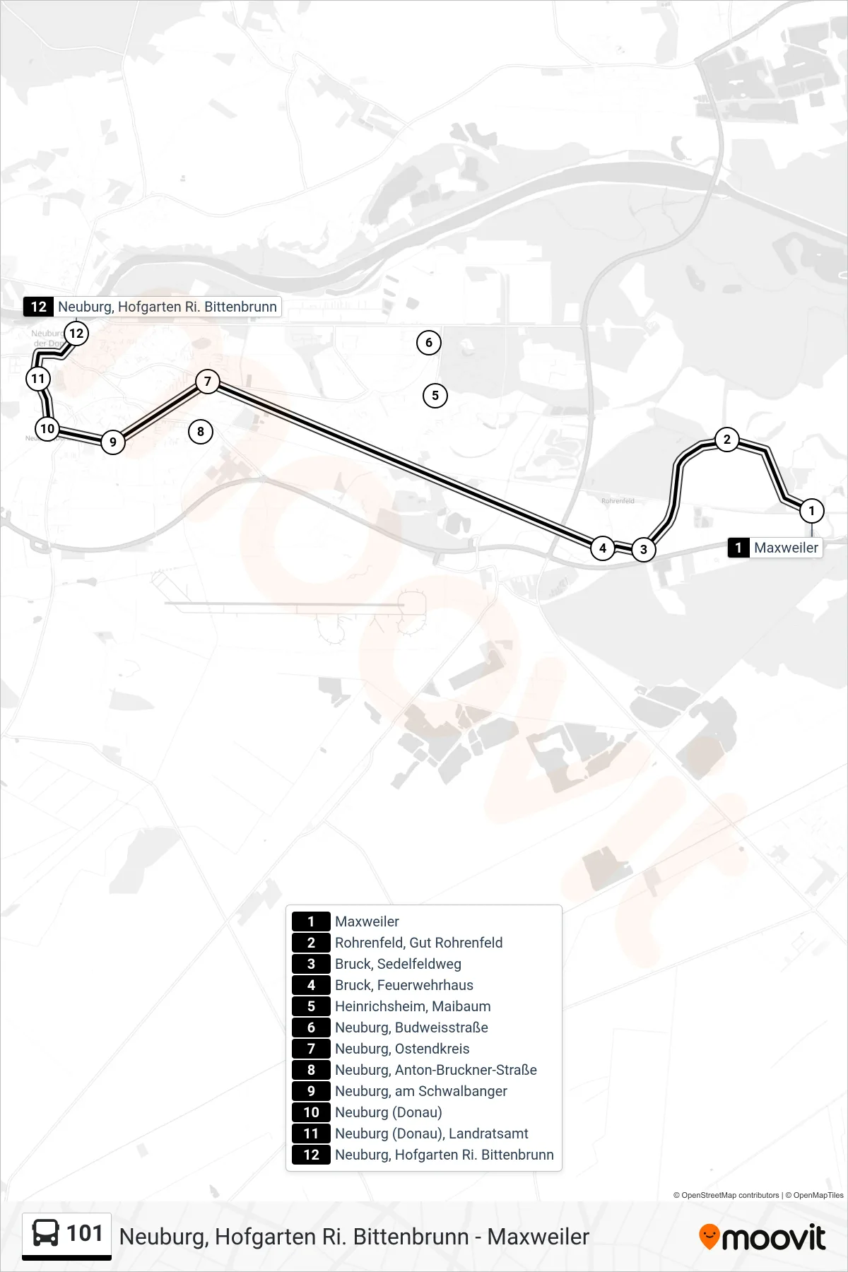 101 bus Line (Neuburg Hofgarten) route and stops on a map