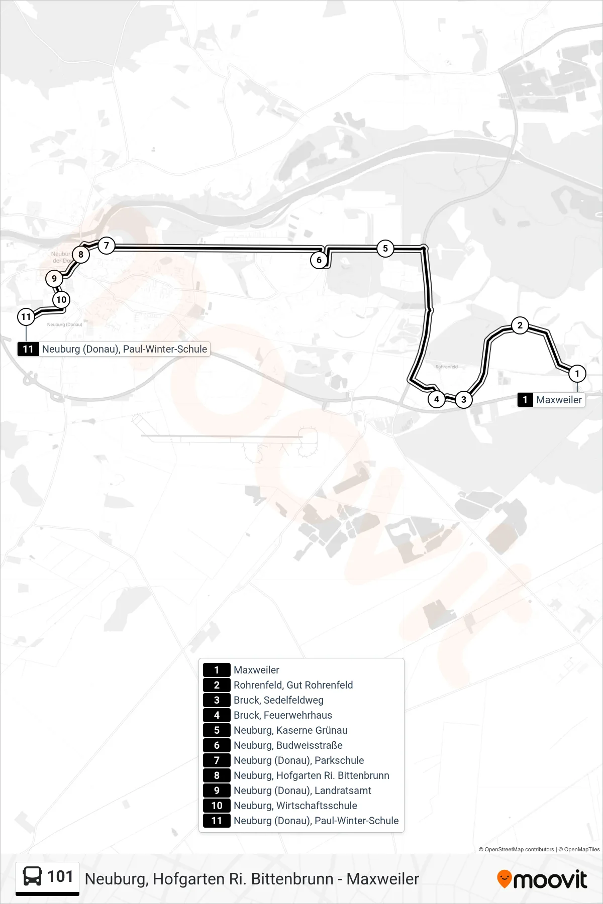 101 bus Line (Neuburg P.-W.-Schule) route and stops on a map