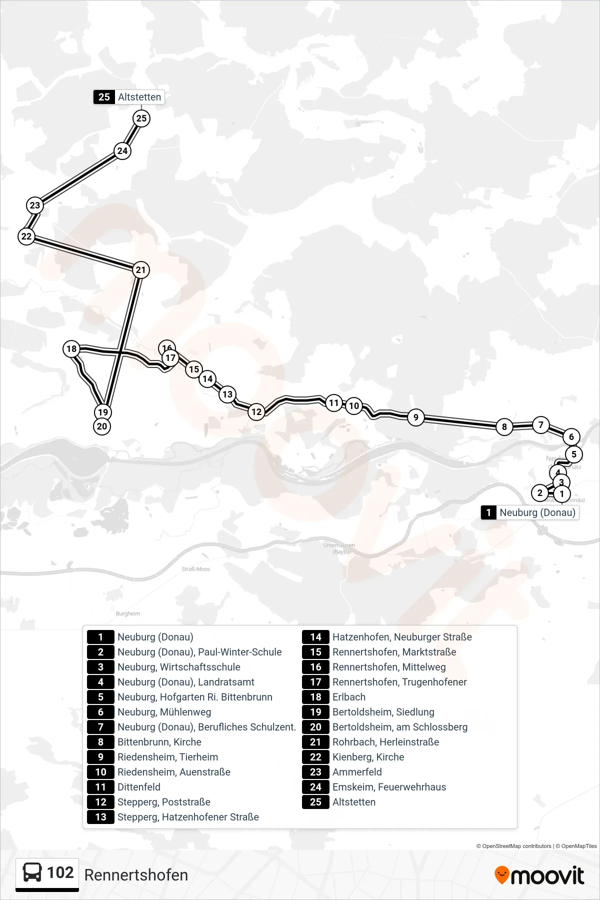 102 bus Line (Rennertshofen) route and stops on a map