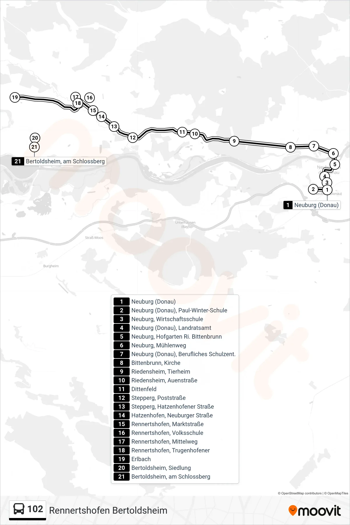 102 bus Line (Rennertshofen Bertoldsheim) route and stops on a map