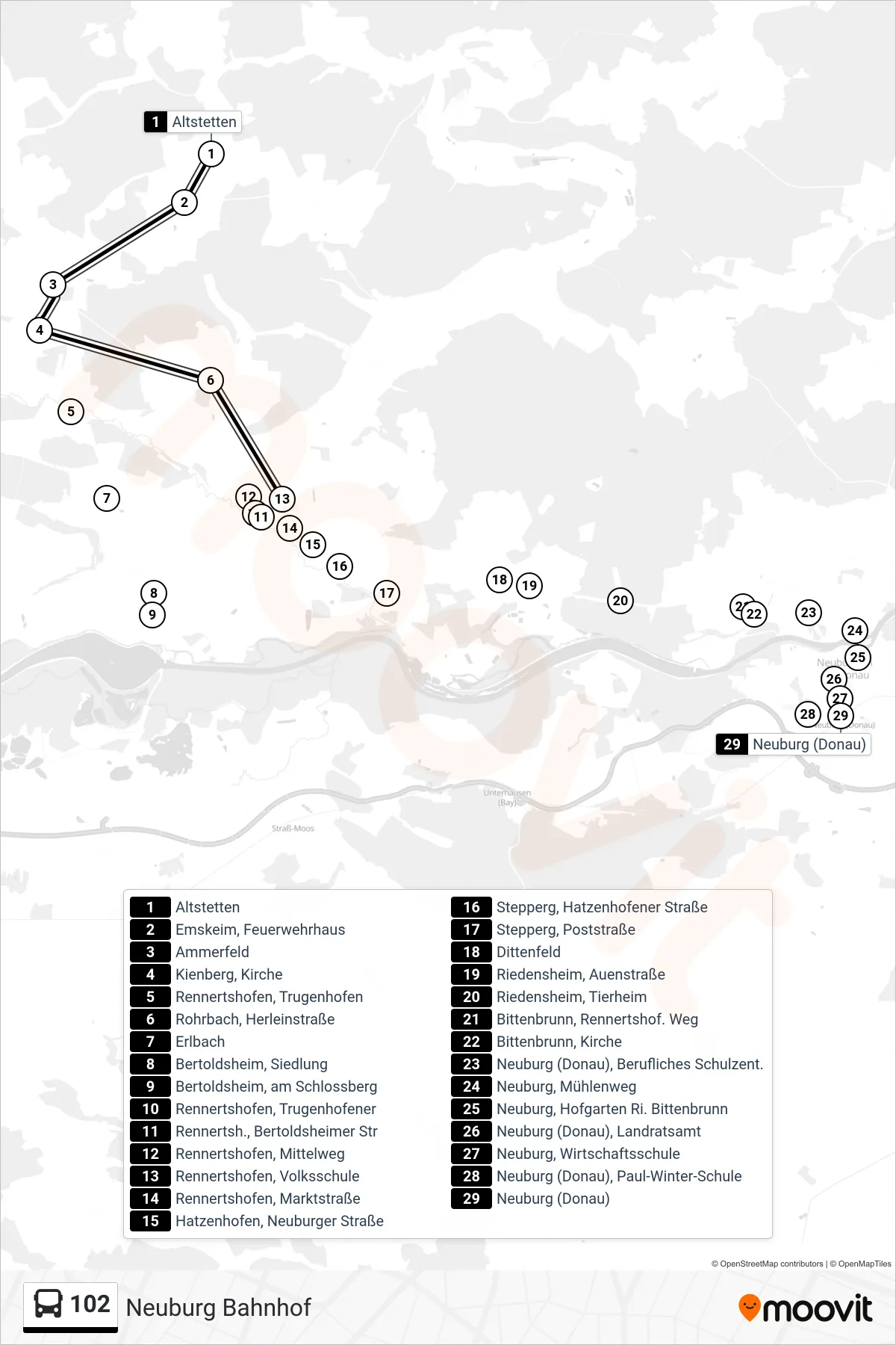 Linie 102 (Bus) Richtung Neuburg Bahnhof: Route und Haltestellen auf der Karte