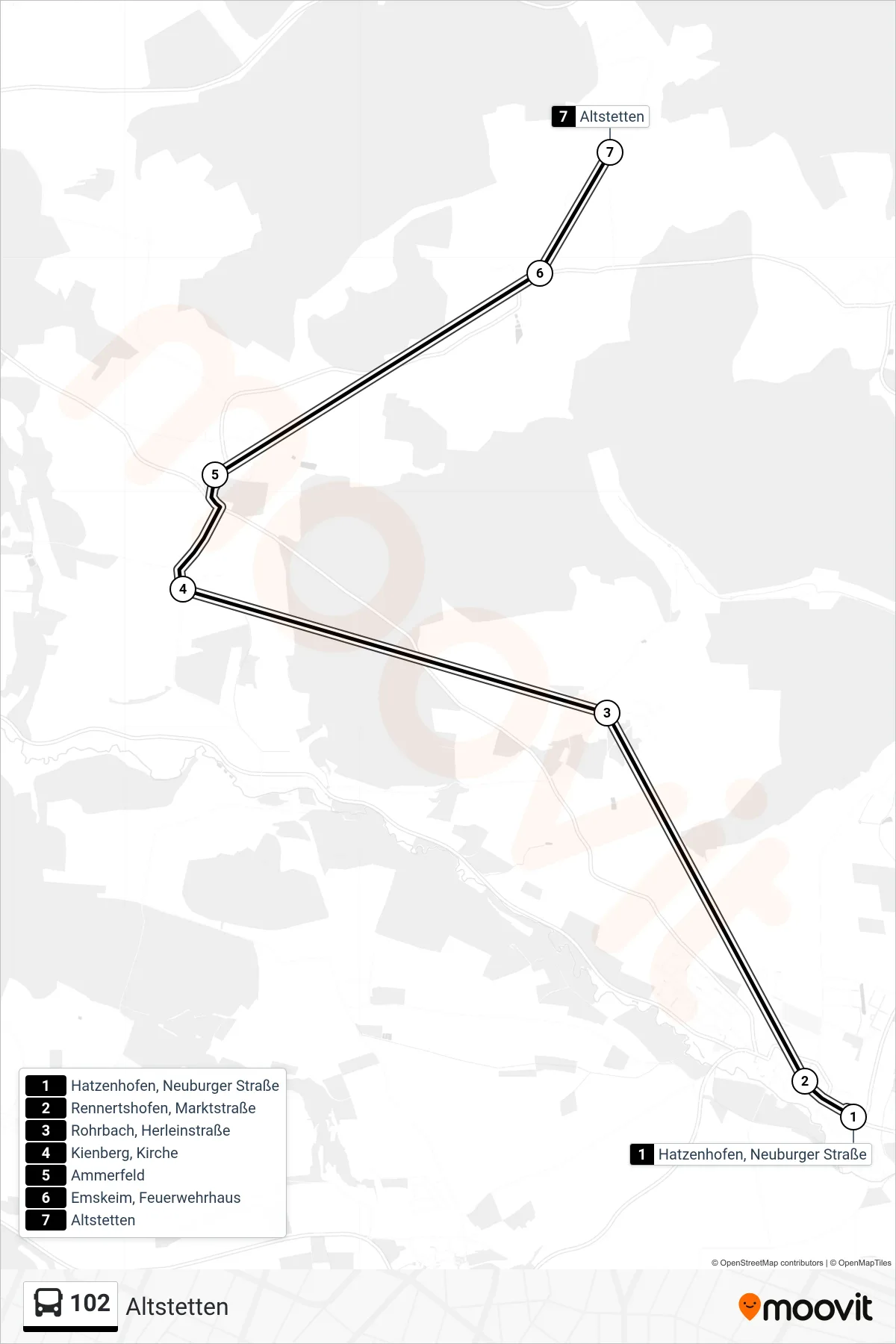 102 bus Line (Altstetten) route and stops on a map