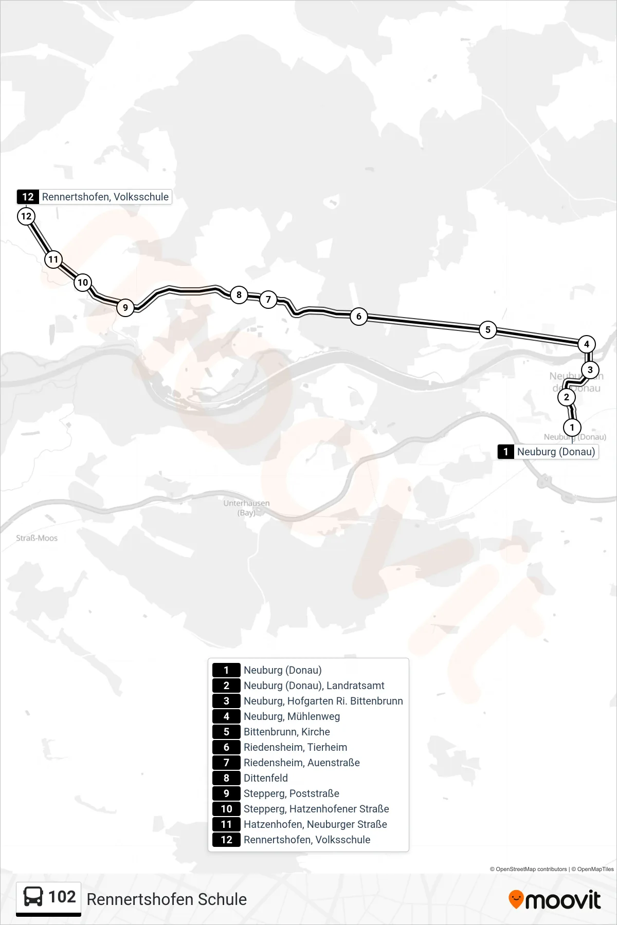 102 bus Line (Rennertshofen Schule) route and stops on a map