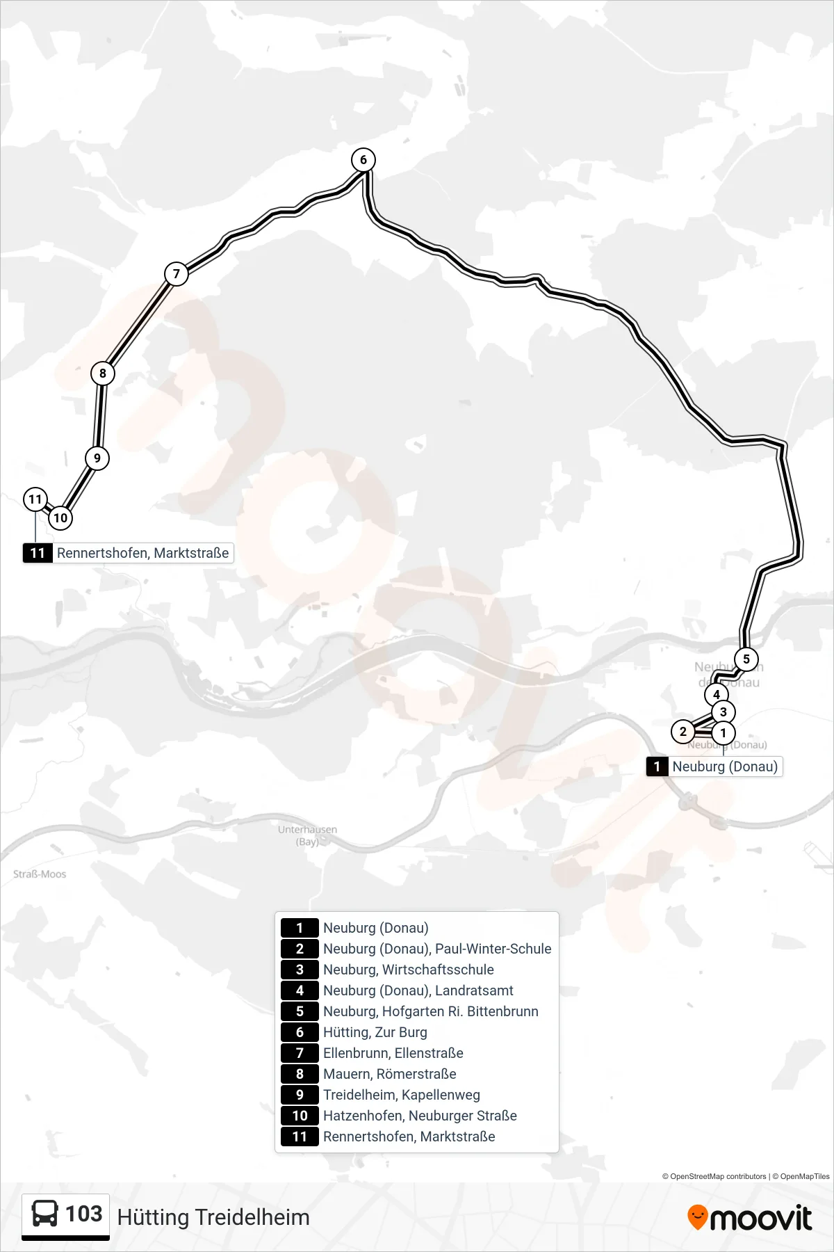 103 bus Line (Hütting Treidelheim) route and stops on a map